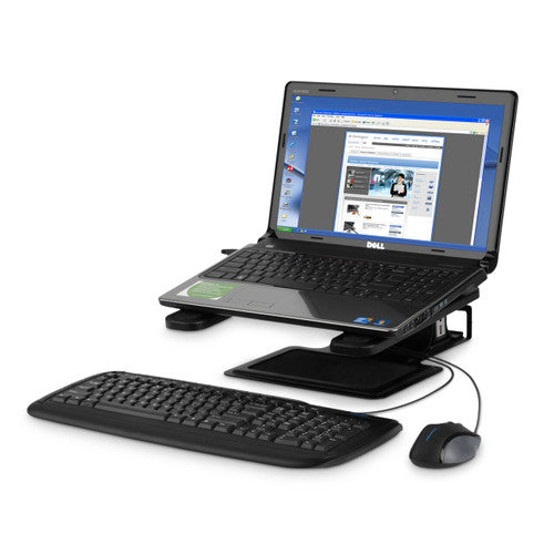 Laptop raised on the Kensington SmartFit Adjustable Laptop Stand with a keyboard and mouse on the desk in front