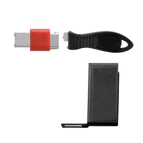 Kensington rectangular USB port blocker: a red lock on a silver USB plug, a black key tool and a black block piece