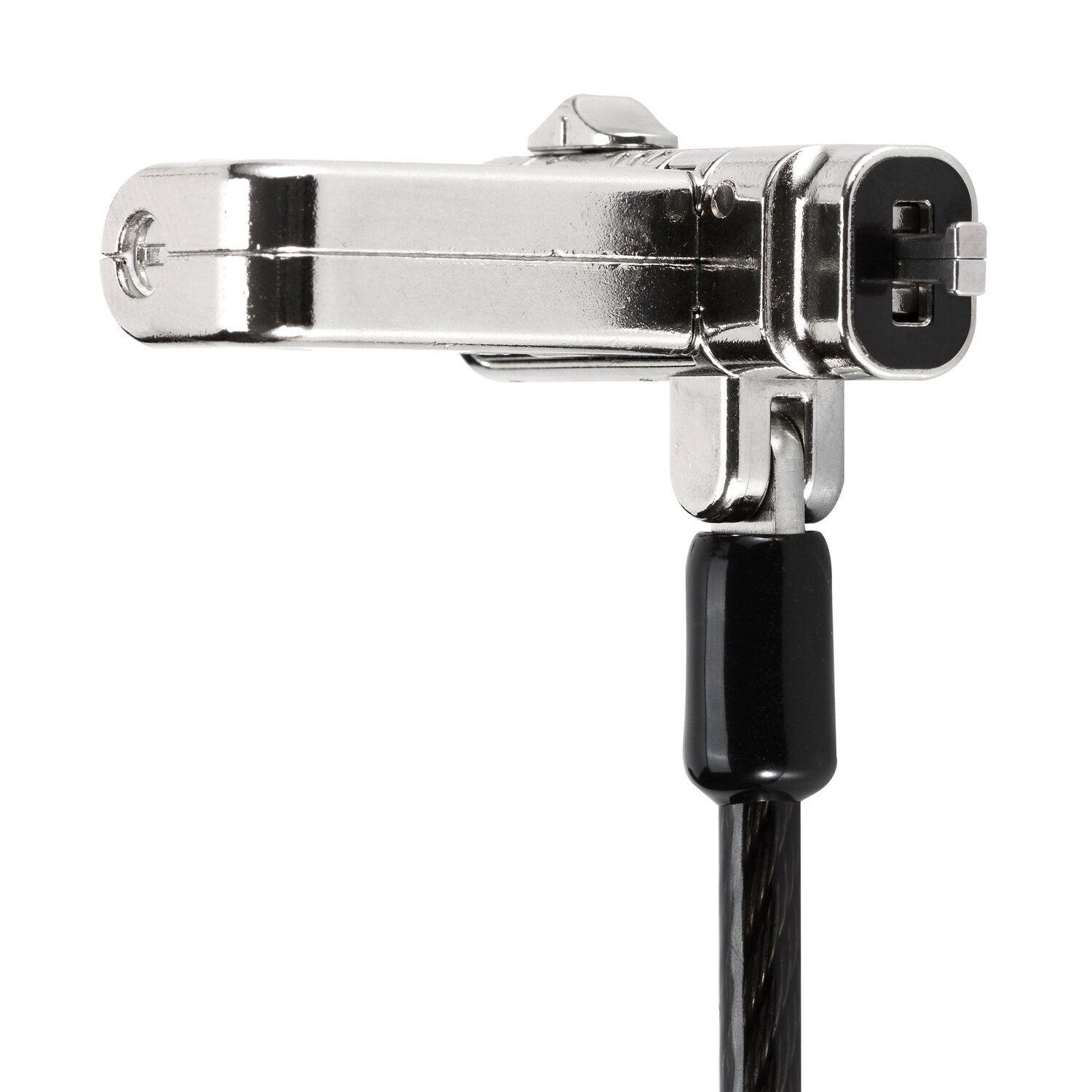 Angled detail of the black Kensington 3-in-1 combination lock head showing the slim profile that keeps adjacent laptop ports clear when engaged