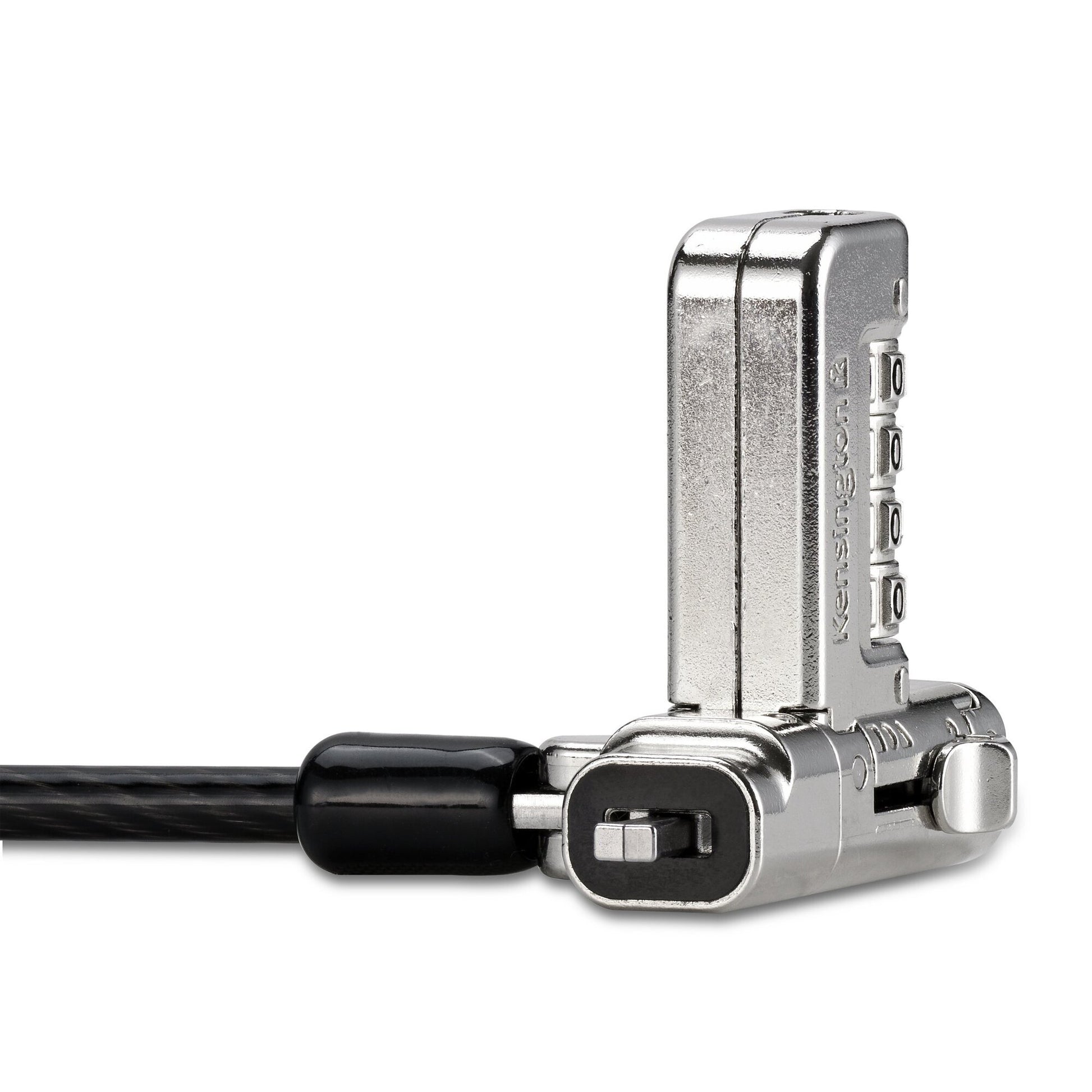 Side profile of the black Kensington 3-in-1 combination laptop lock with the plastic sheathed carbon steel cable running from the base, isolated on white