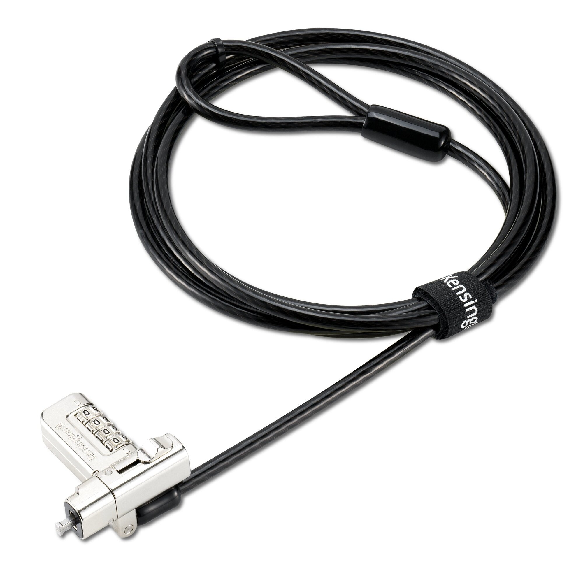 Kensington Universal 3-in-1 2.0 combination laptop lock in black, shown on white with the dial lock head and coiled carbon steel cable arranged together