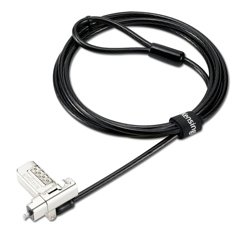 Kensington Universal 3-in-1 2.0 combination laptop lock in black, shown on white with the dial lock head and coiled carbon steel cable arranged together