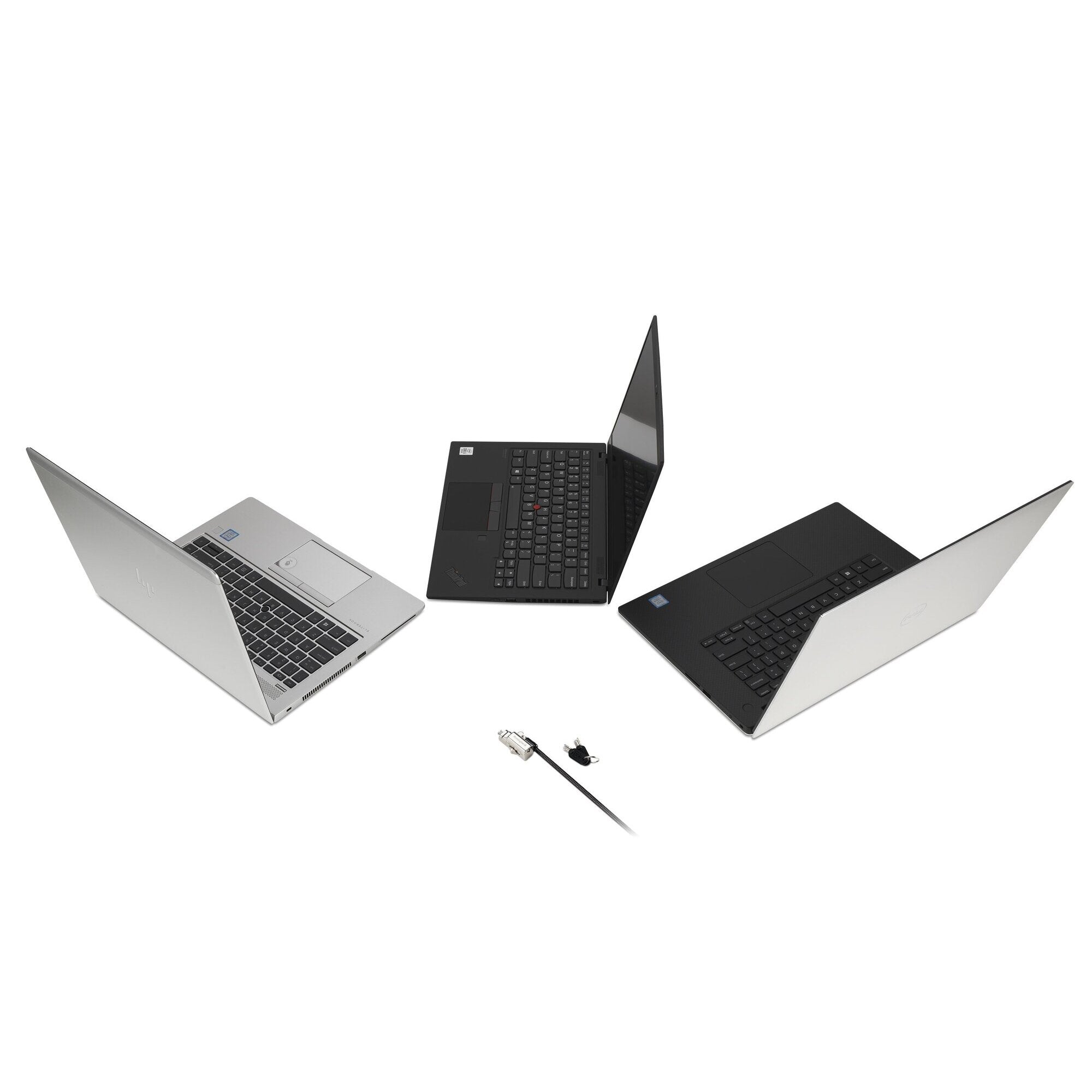 Angled detail of the black Kensington 3-in-1 lock head showing the slim profile designed to keep adjacent laptop ports clear when engaged