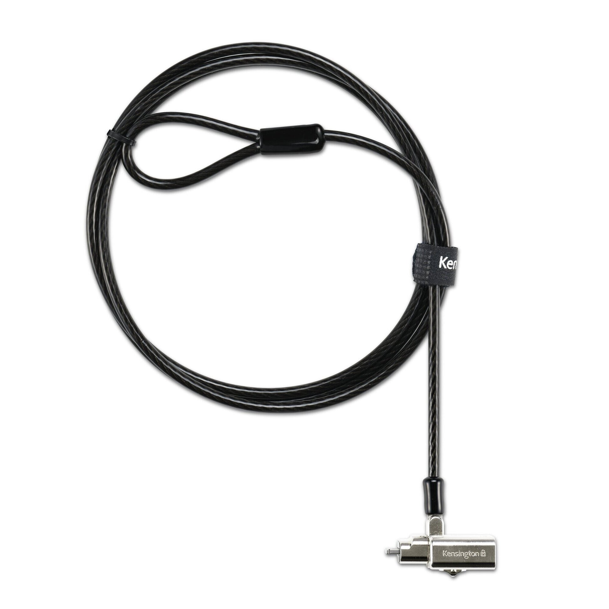 Close view of the black Kensington 3-in-1 lock head showing the rotating barrel body and the sheathed steel cable entering at the rear, on a white background