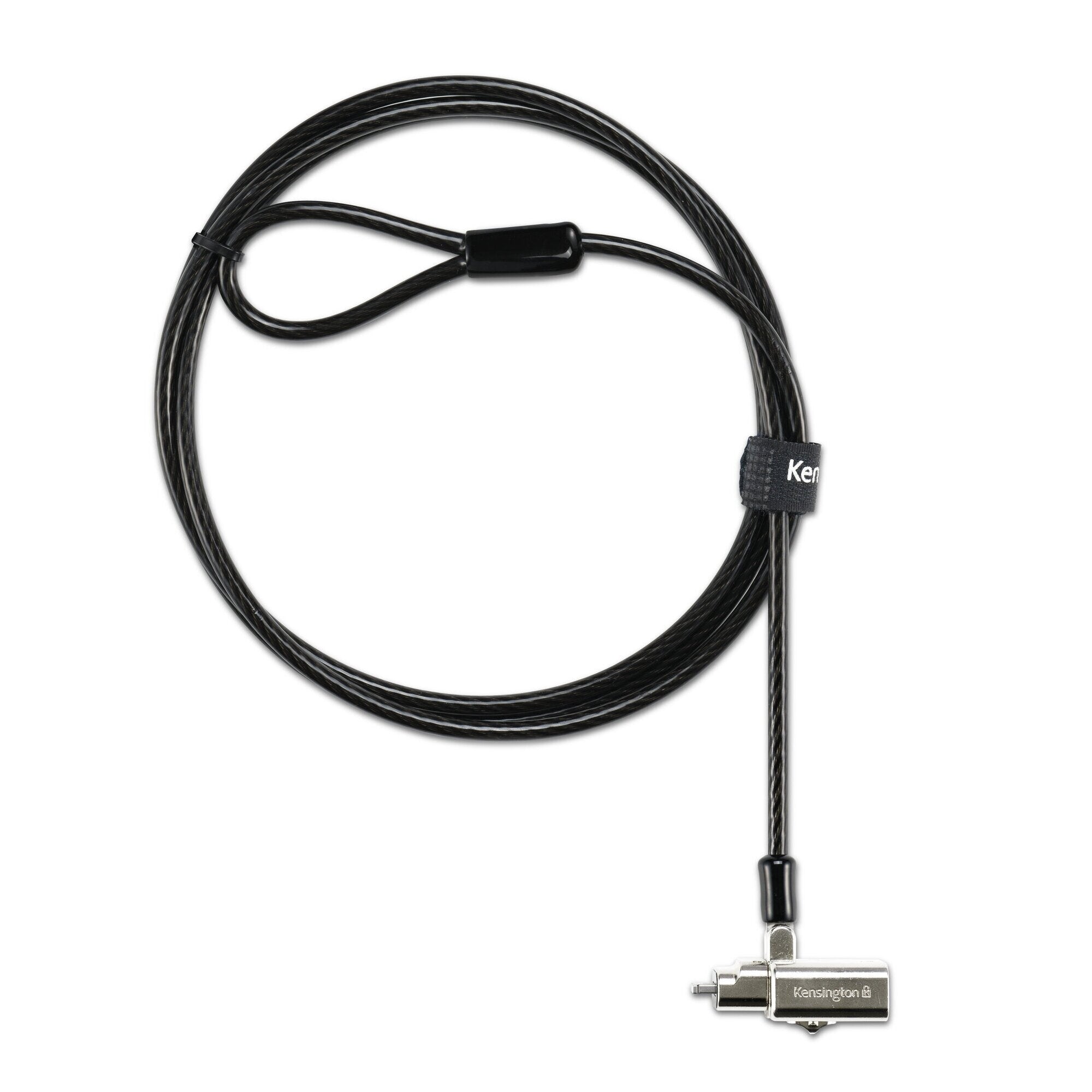 Close view of the black Kensington 3-in-1 lock head showing the rotating barrel body and the sheathed steel cable entering at the rear, on a white background