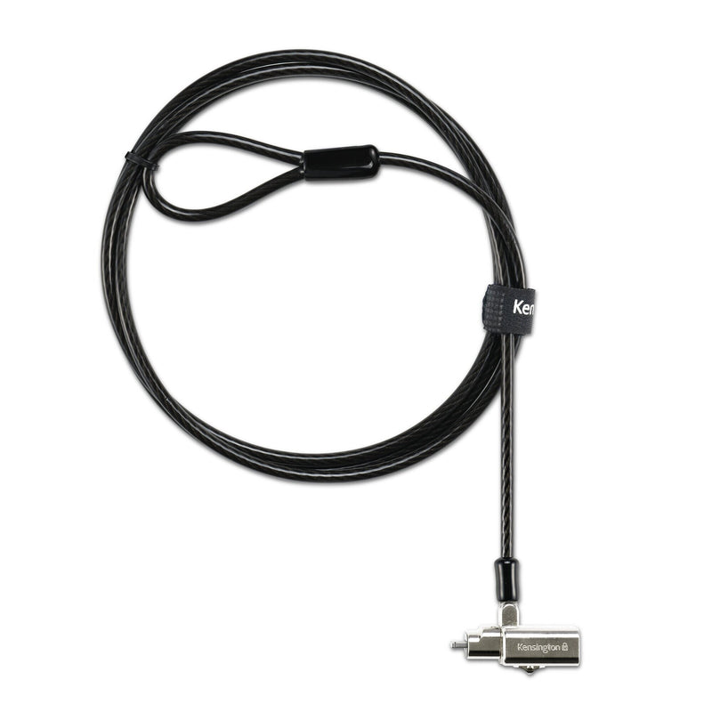 Close view of the black Kensington 3-in-1 lock head showing the rotating barrel body and the sheathed steel cable entering at the rear, on a white background