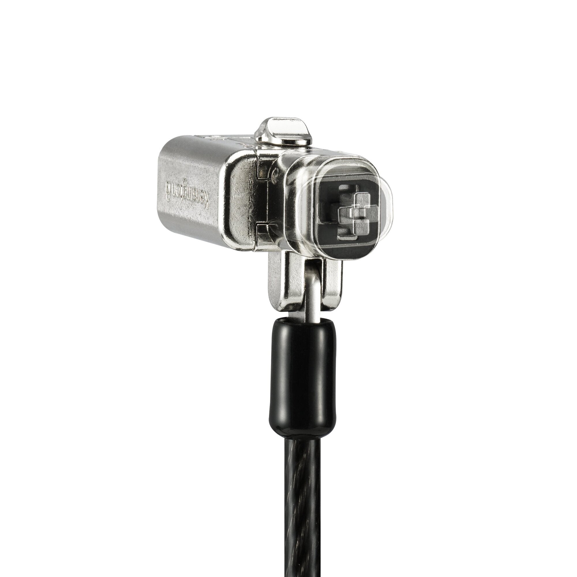 Angled product view of the Kensington Universal 3-in-1 keyed lock head in black, showing the compact housing and cable connection against white
