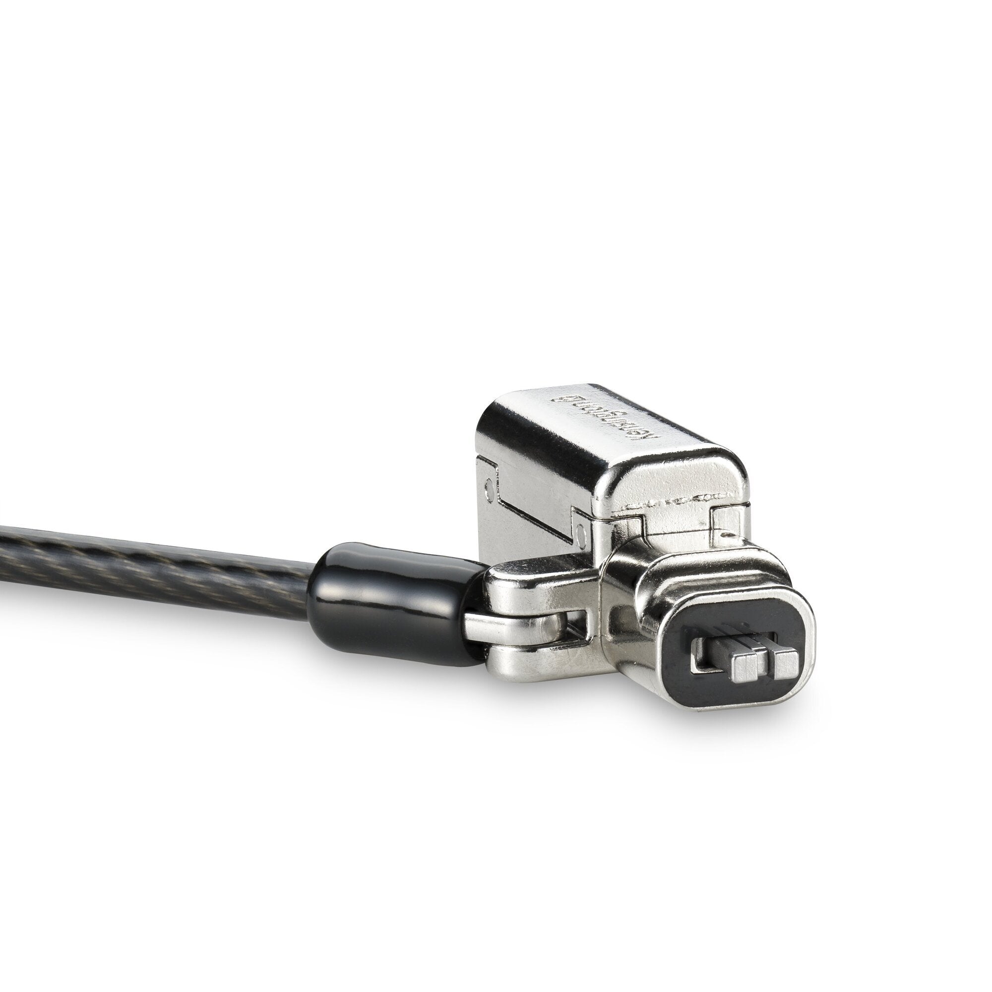 Side profile of the black Kensington 3-in-1 laptop lock head with the plastic sheathed carbon steel cable running from the base, isolated on white