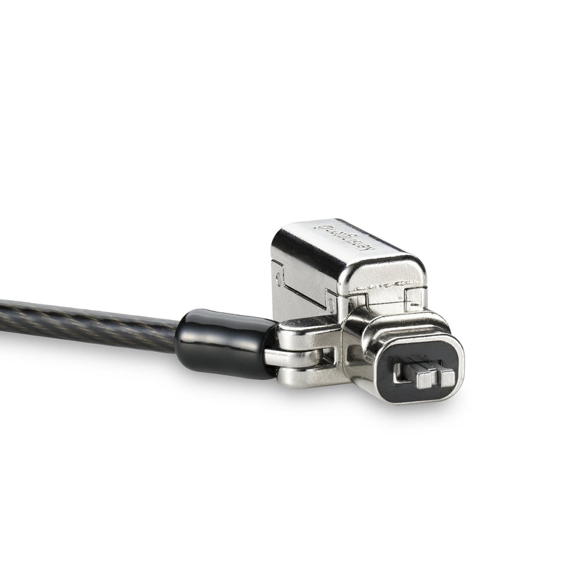 Side profile of the black Kensington 3-in-1 laptop lock head with the plastic sheathed carbon steel cable running from the base, isolated on white