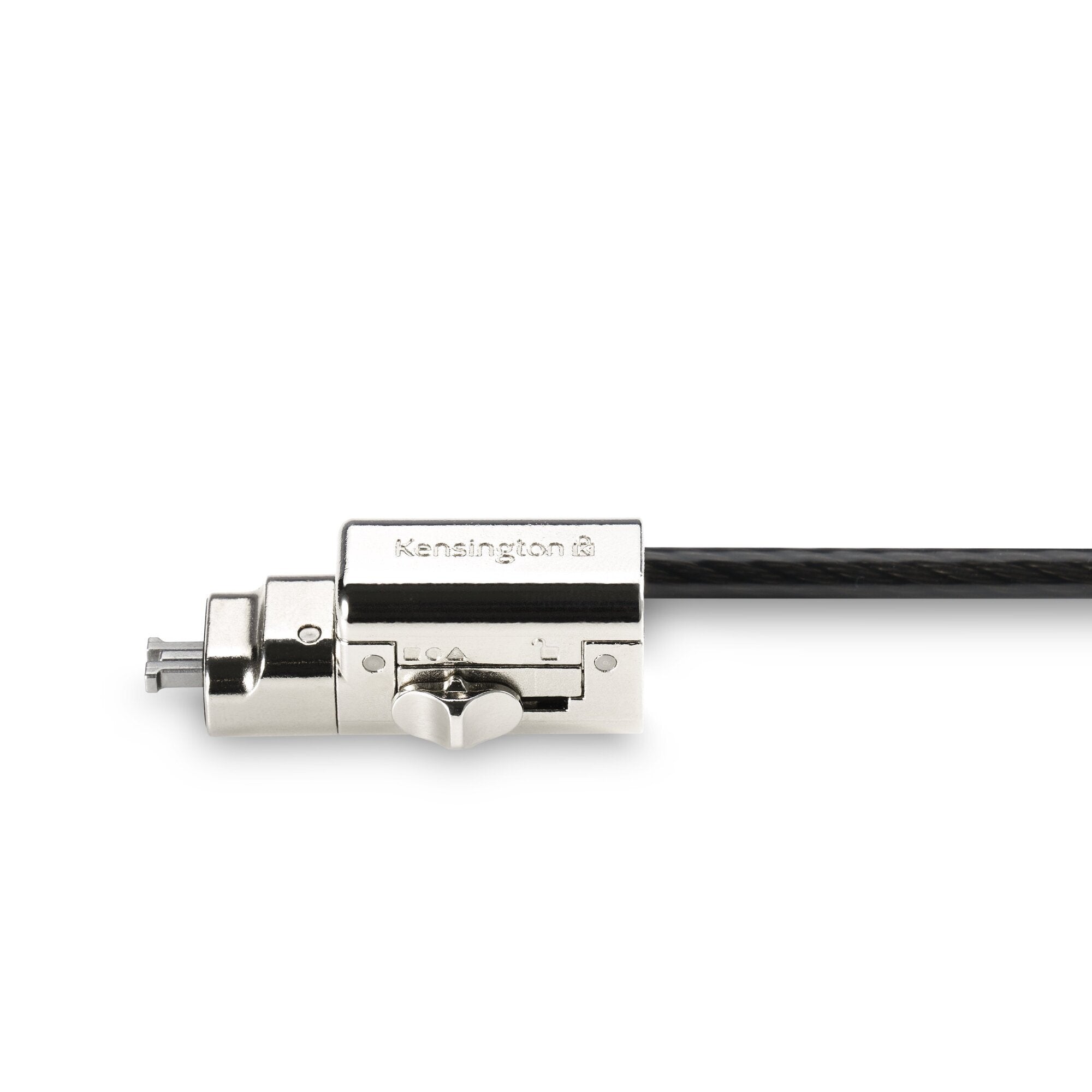 Detail view of the Kensington 3-in-1 lock tip showing the cleat mechanism that grips inside a laptop security slot, photographed on white