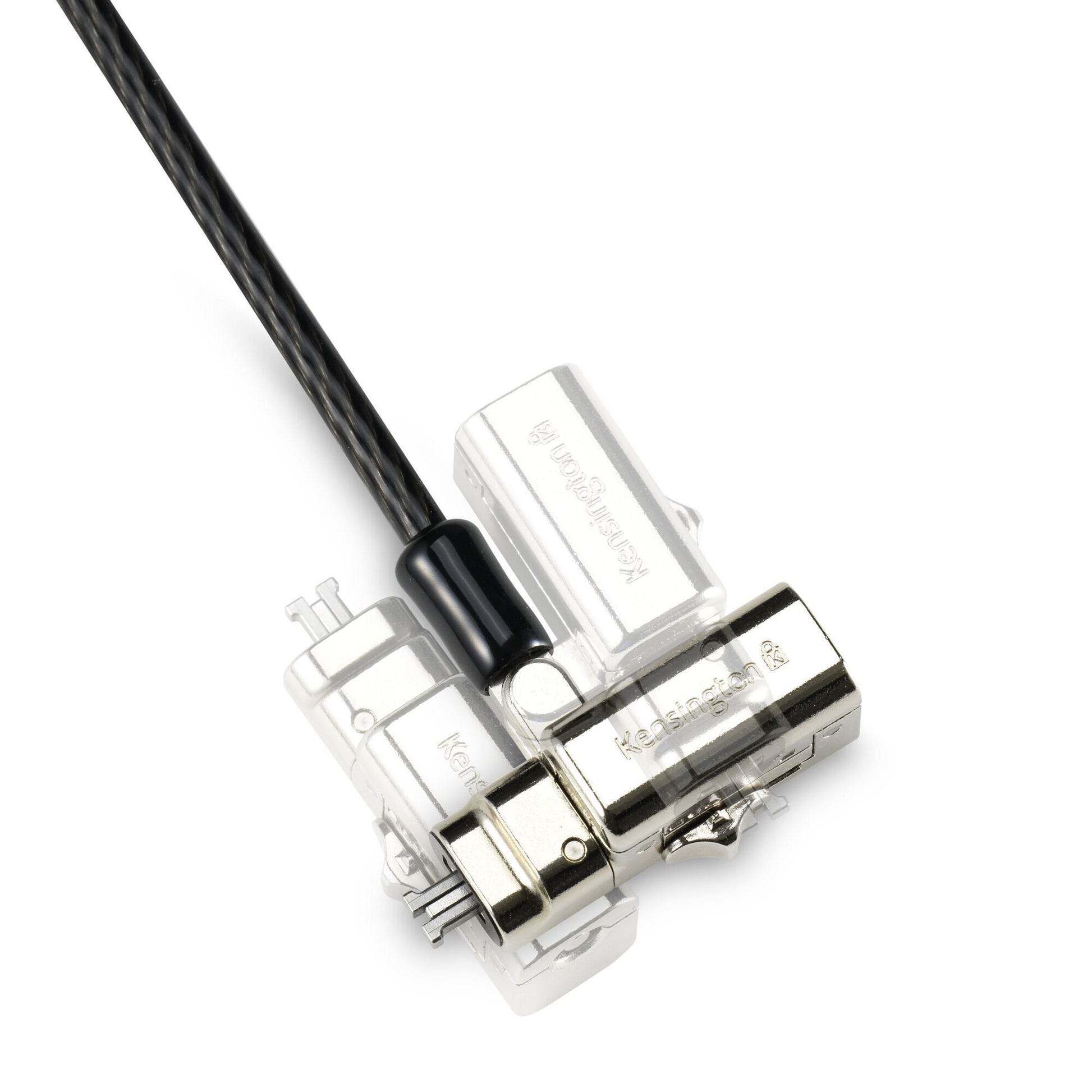 The 1.8 metre carbon steel cable of the Kensington 3-in-1 laptop lock shown coiled in its black plastic sheathing with the looped anchor end visible