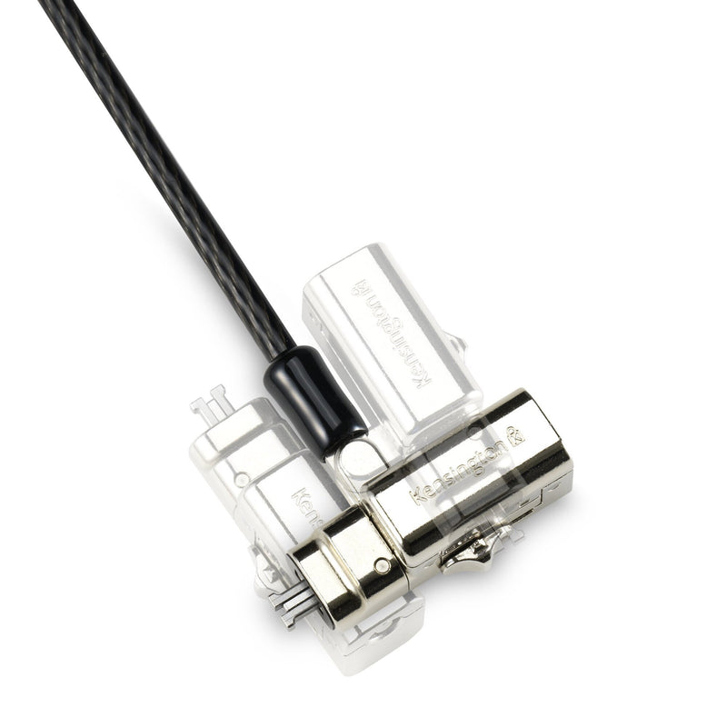 The 1.8 metre carbon steel cable of the Kensington 3-in-1 laptop lock shown coiled in its black plastic sheathing with the looped anchor end visible
