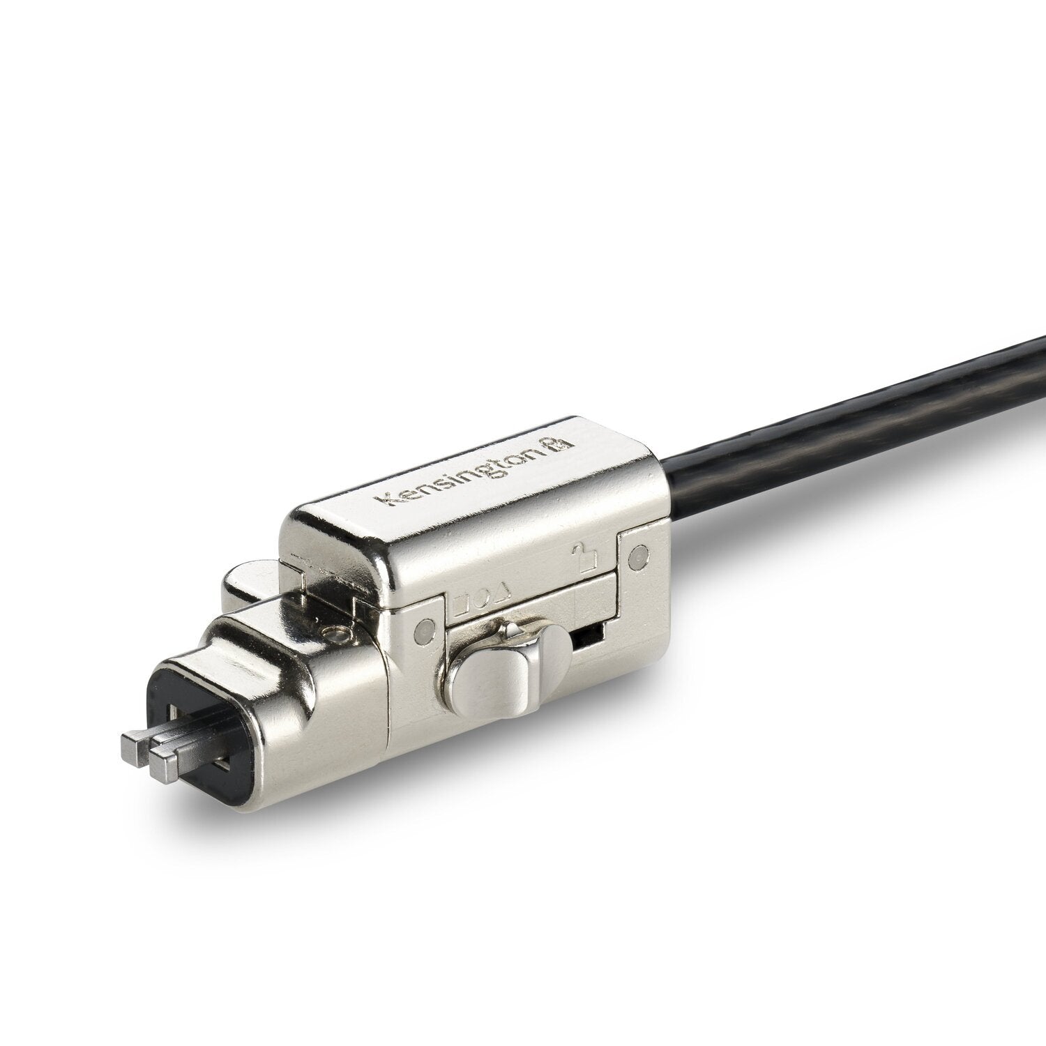 Overhead product view of the black Kensington 3-in-1 keyed laptop lock and its coiled cable laid flat on a white background showing overall proportions