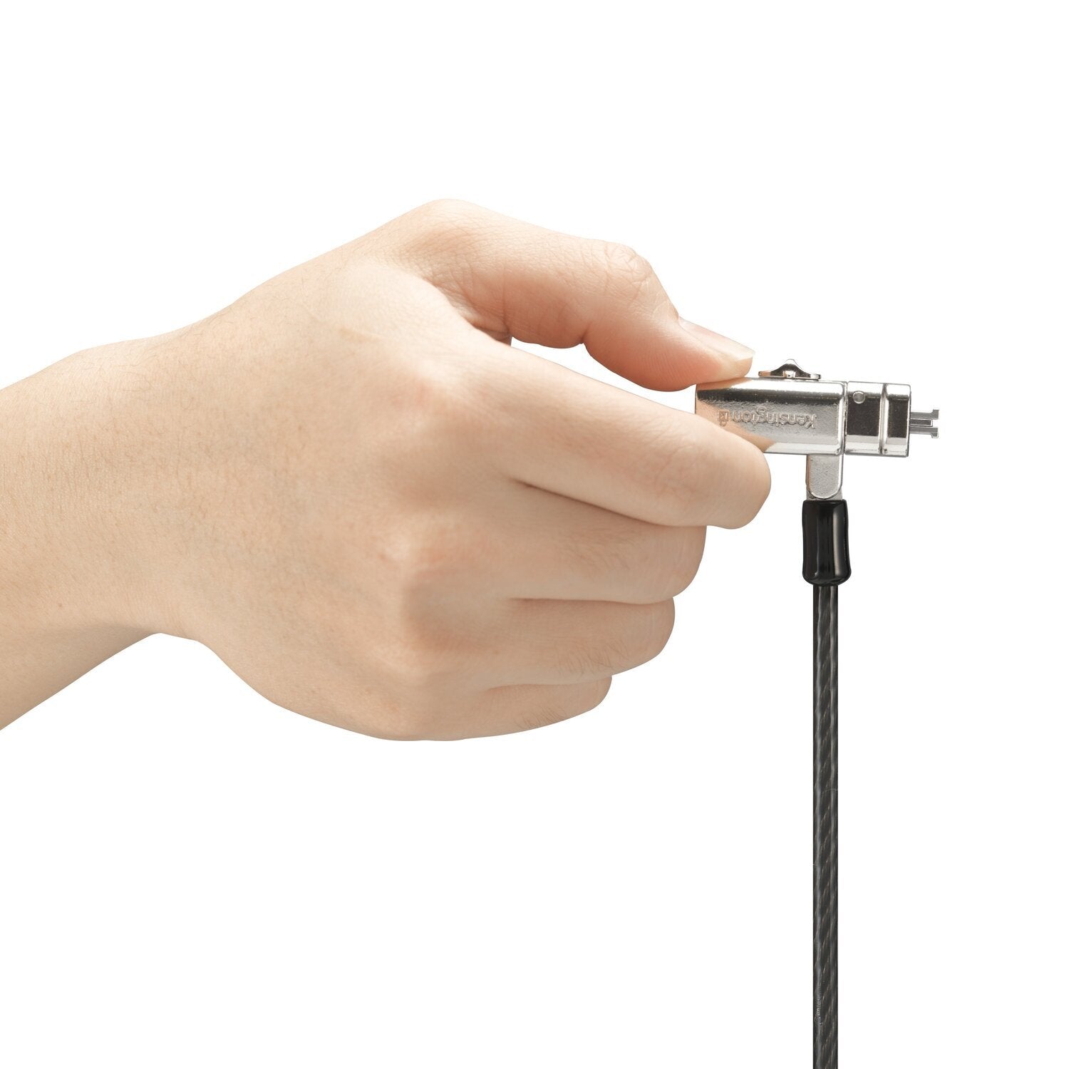 Close detail of the Kensington 3-in-1 keyed lock cylinder with a key alongside, showing the keyed locking mechanism on a white background