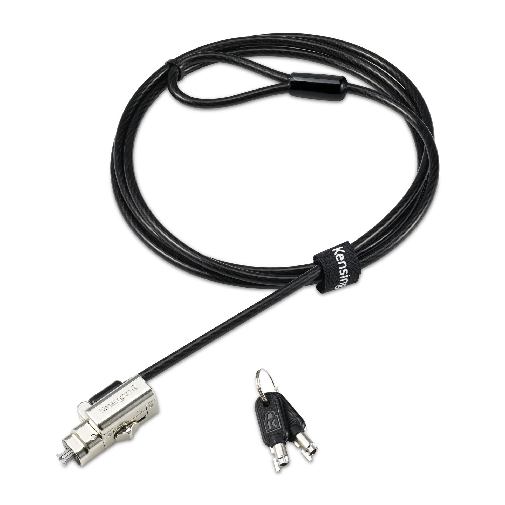 Kensington Universal 3-in-1 2.0 keyed laptop lock in black, shown on a white background with the lock head, coiled carbon steel cable and keys arranged together