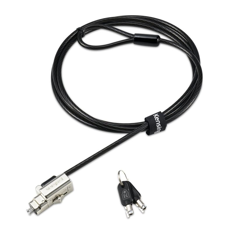 Kensington Universal 3-in-1 2.0 keyed laptop lock in black, shown on a white background with the lock head, coiled carbon steel cable and keys arranged together