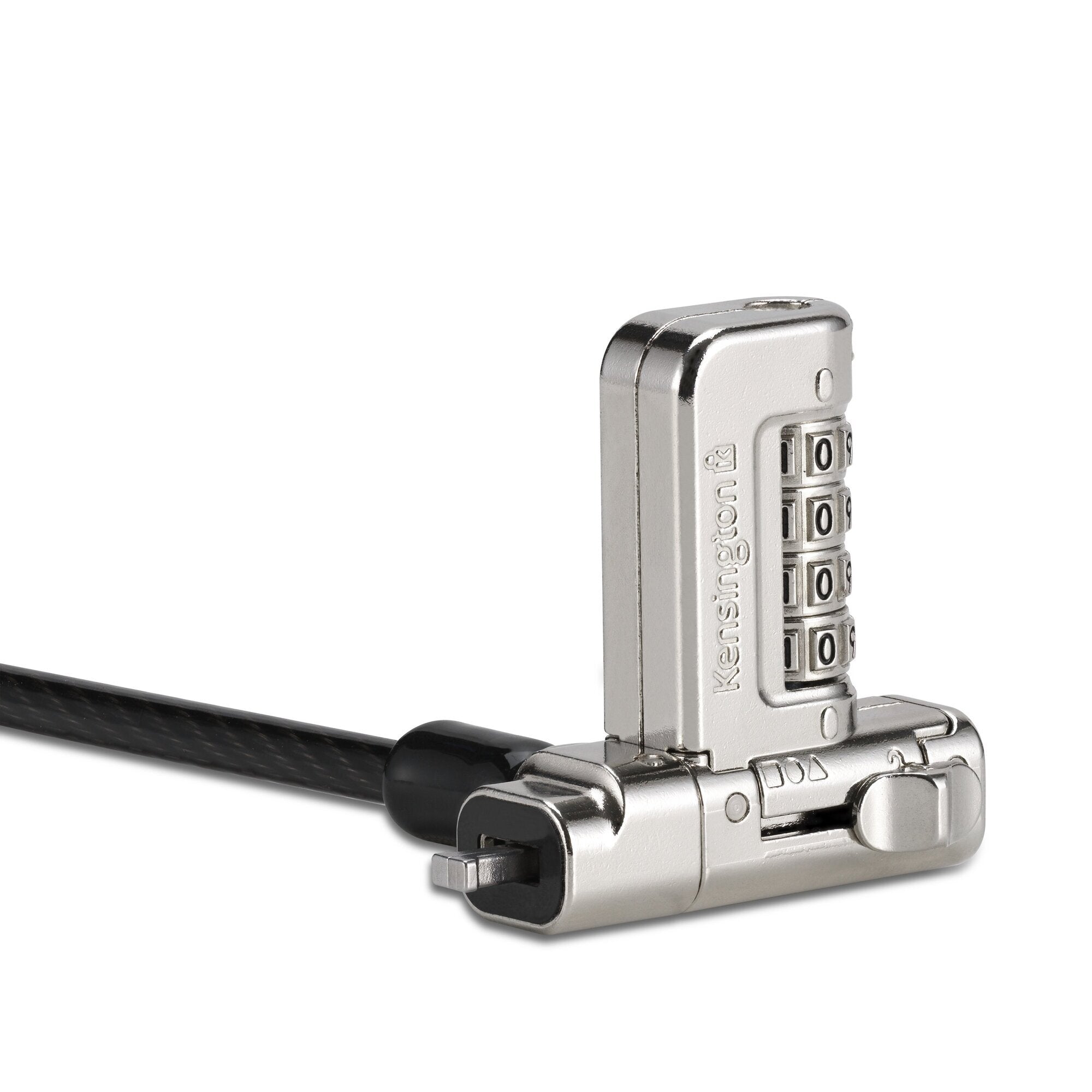 Angled product view of the black serialised Kensington 3-in-1 combination lock head with the sheathed steel cable entering the housing