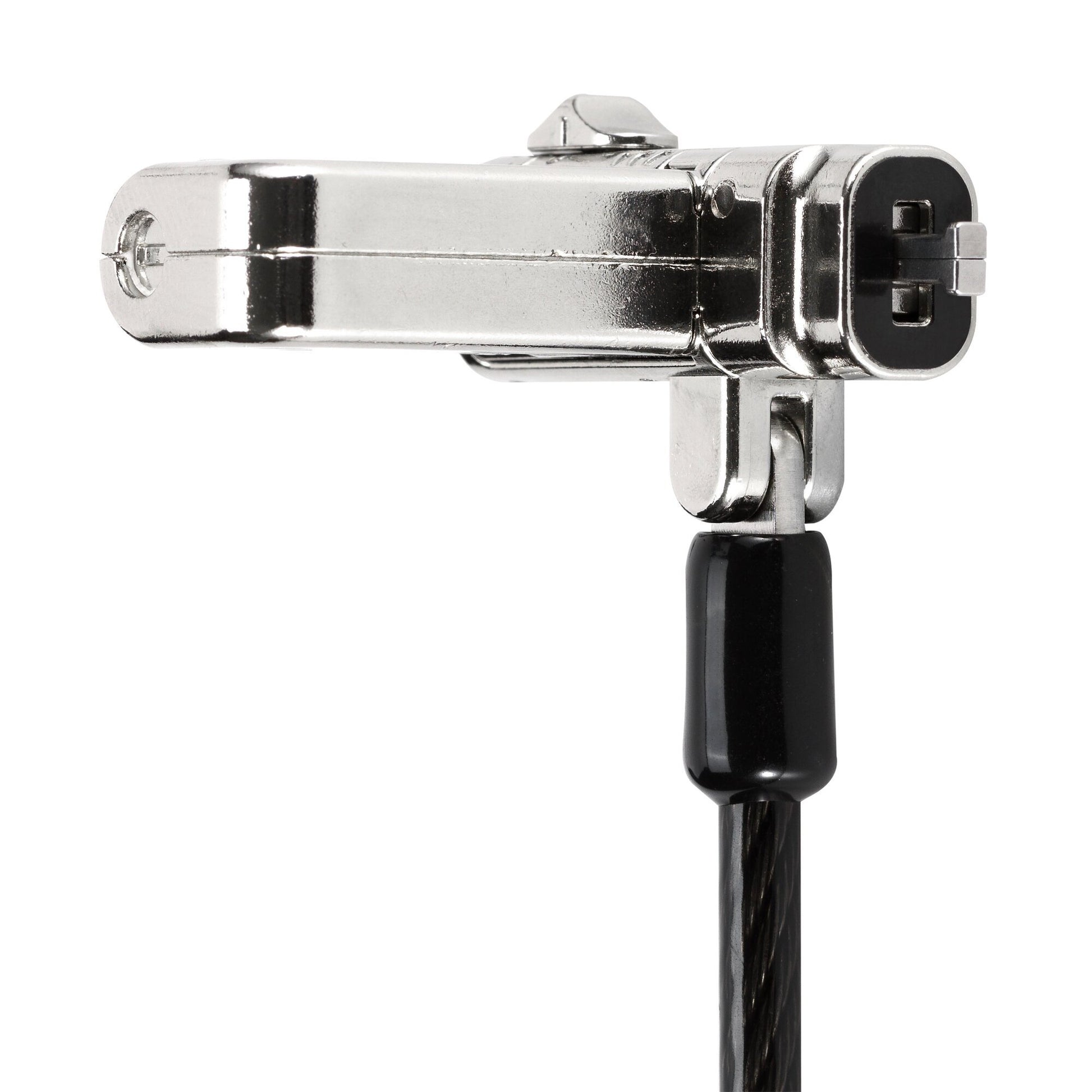 Side profile of the black serialised Kensington 3-in-1 laptop lock showing the plastic sheathed carbon steel cable running from the base, on white