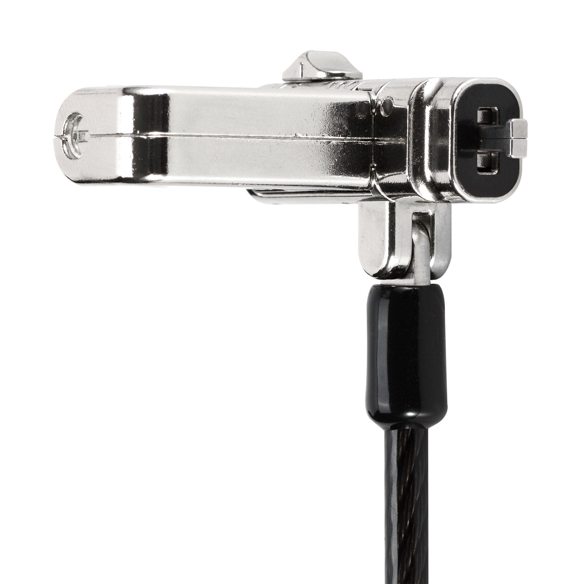 Side profile of the black serialised Kensington 3-in-1 laptop lock showing the plastic sheathed carbon steel cable running from the base, on white