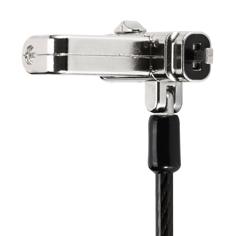 Side profile of the black serialised Kensington 3-in-1 laptop lock showing the plastic sheathed carbon steel cable running from the base, on white
