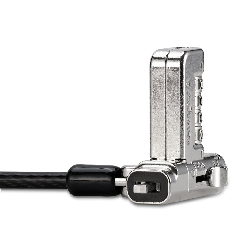 Detail of the Kensington 3-in-1 serialised lock tip showing the cleat mechanism that grips inside standard, nano and wedge laptop security slots