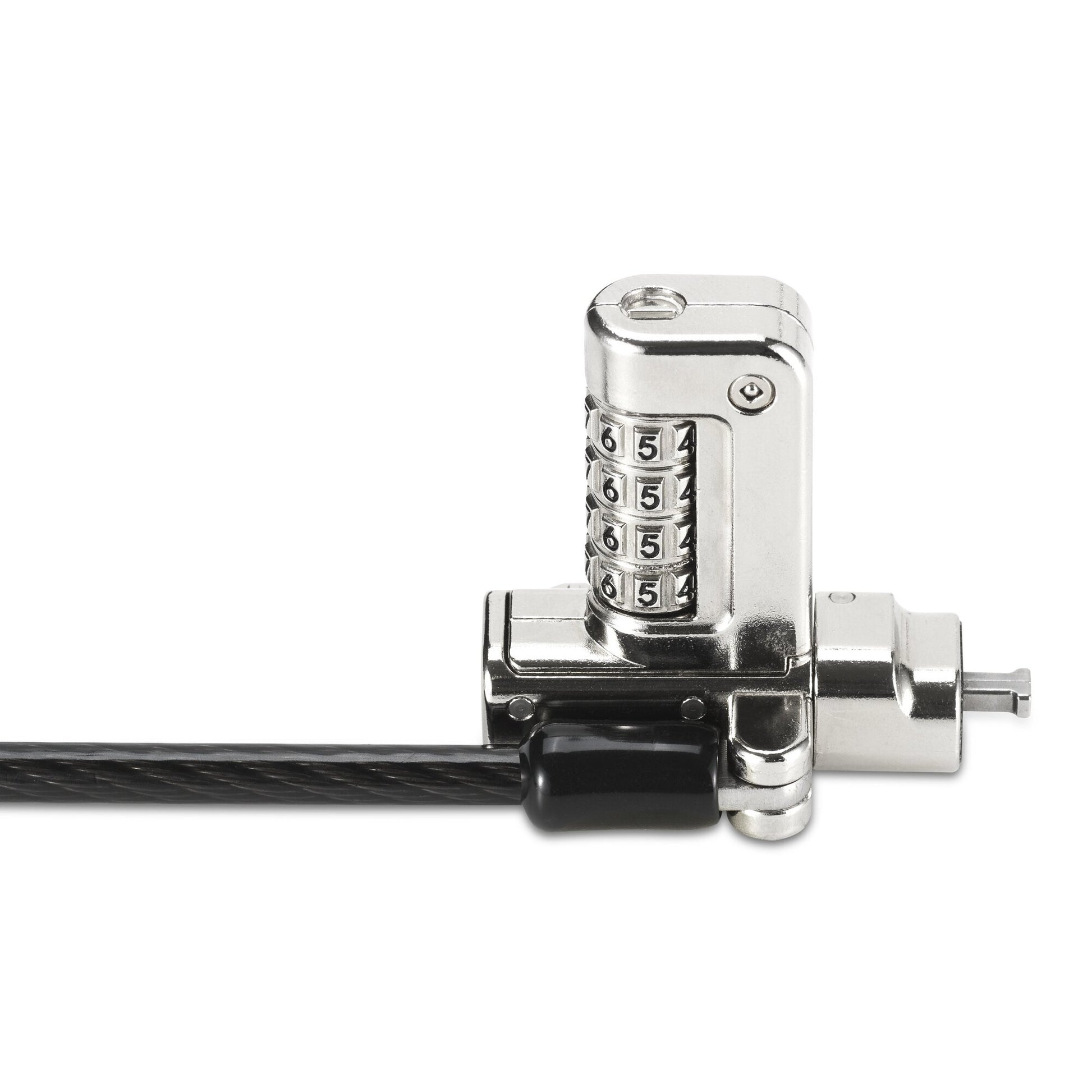 The 1.8 metre carbon steel cable of the serialised Kensington 3-in-1 lock coiled in black plastic sheathing with the looped anchor end visible