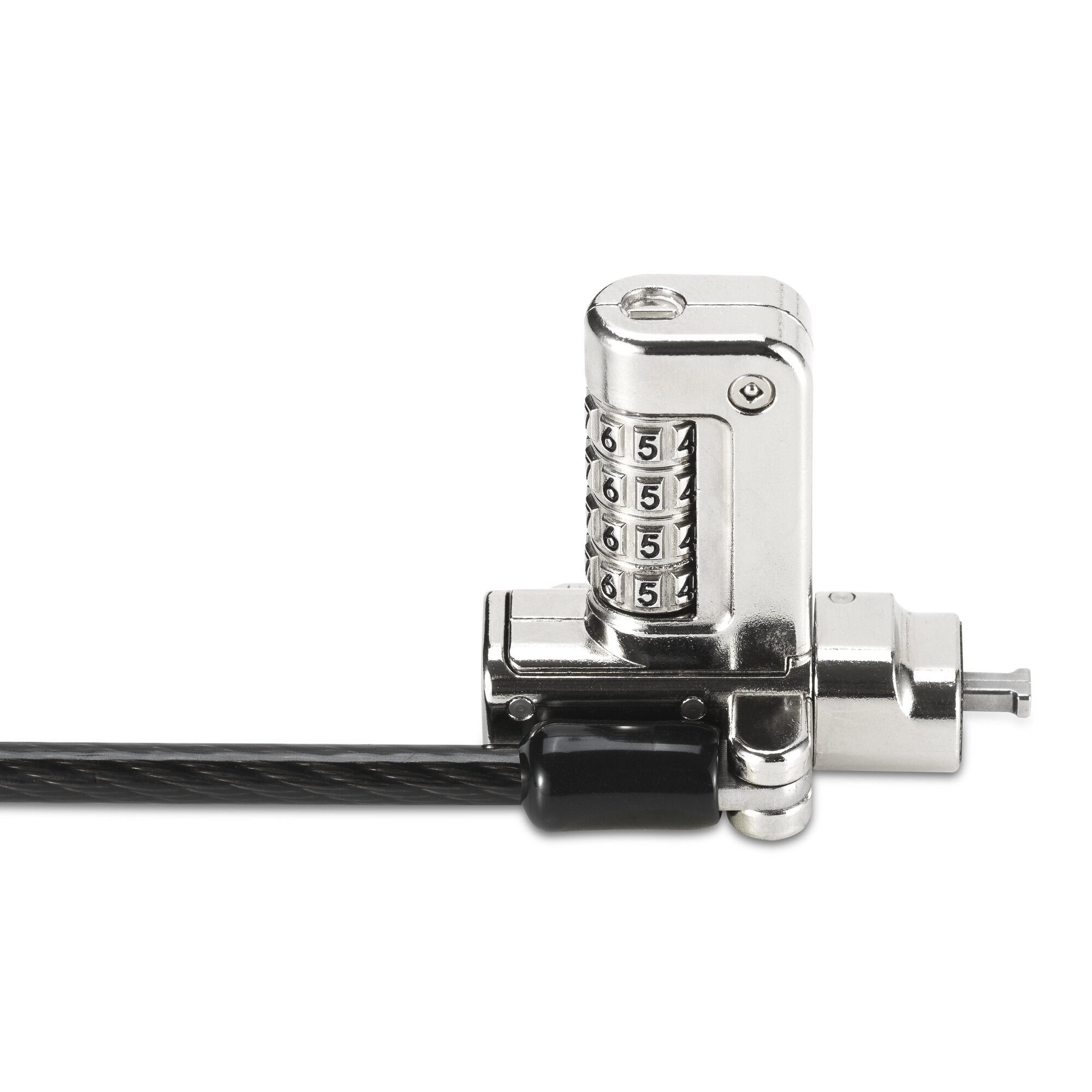 The 1.8 metre carbon steel cable of the serialised Kensington 3-in-1 lock coiled in black plastic sheathing with the looped anchor end visible