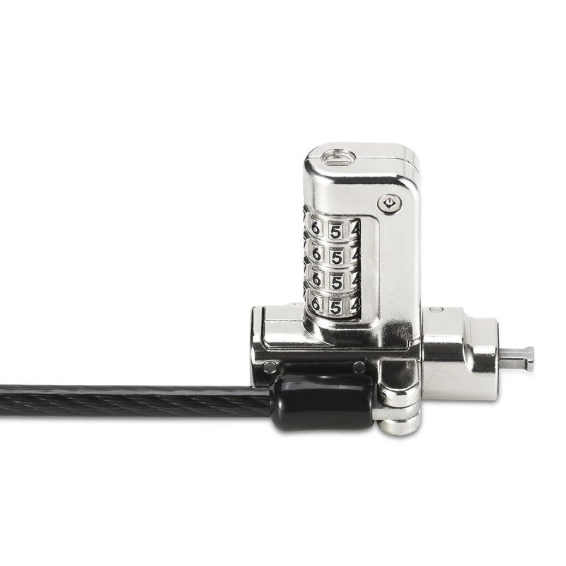 The 1.8 metre carbon steel cable of the serialised Kensington 3-in-1 lock coiled in black plastic sheathing with the looped anchor end visible