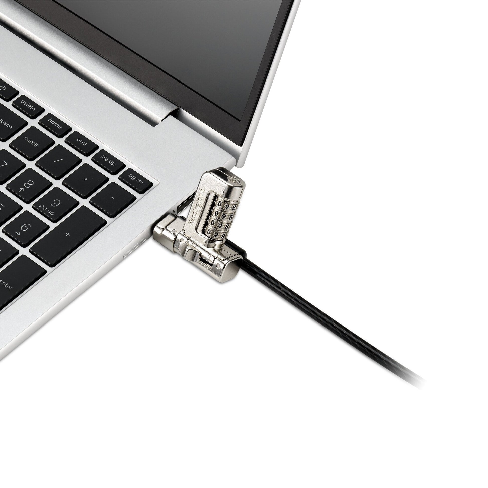 Overhead view of the black serialised Kensington 3-in-1 combination lock and coiled cable laid flat on white showing overall proportions