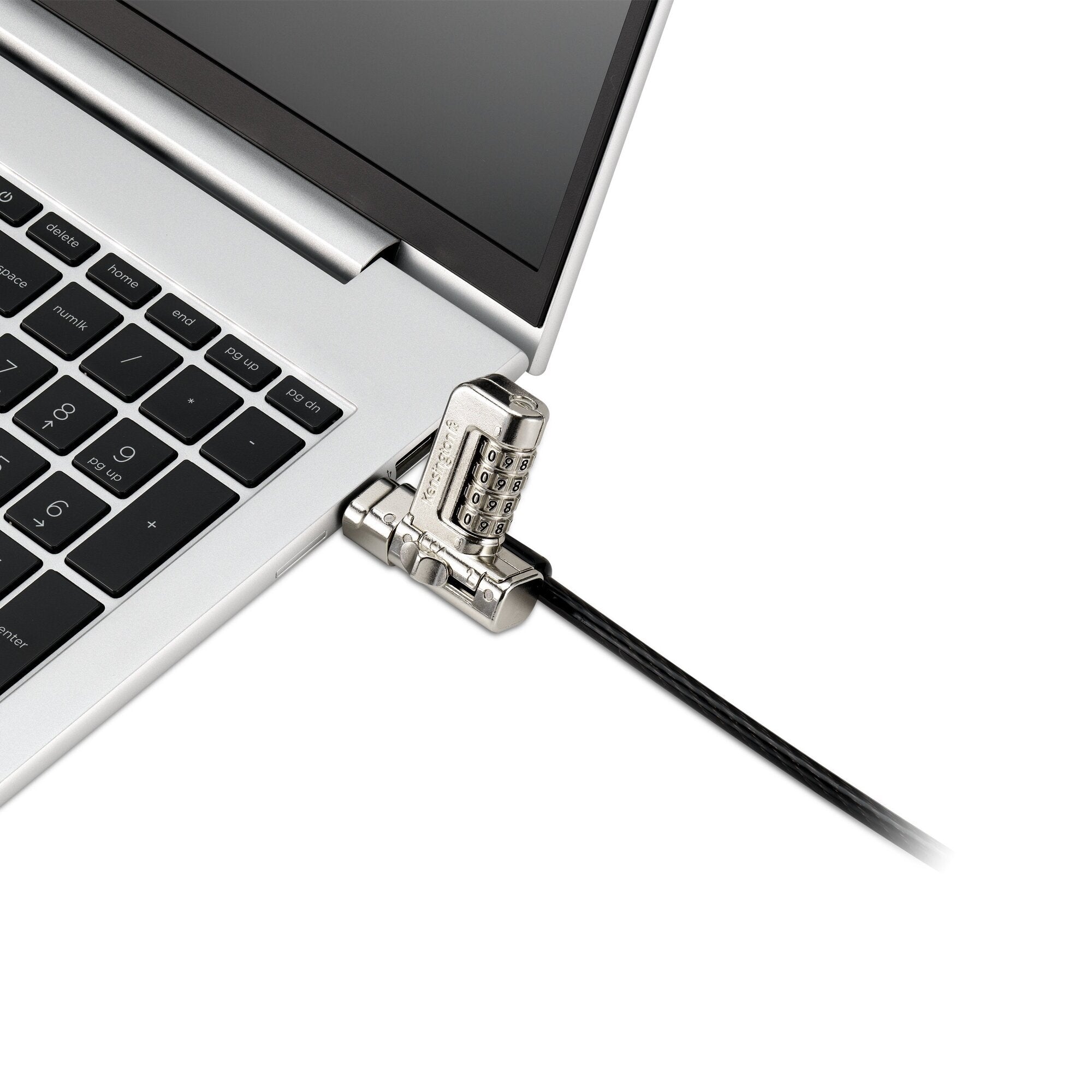 Overhead view of the black serialised Kensington 3-in-1 combination lock and coiled cable laid flat on white showing overall proportions