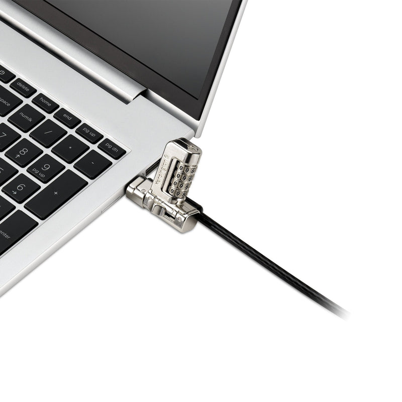 Overhead view of the black serialised Kensington 3-in-1 combination lock and coiled cable laid flat on white showing overall proportions