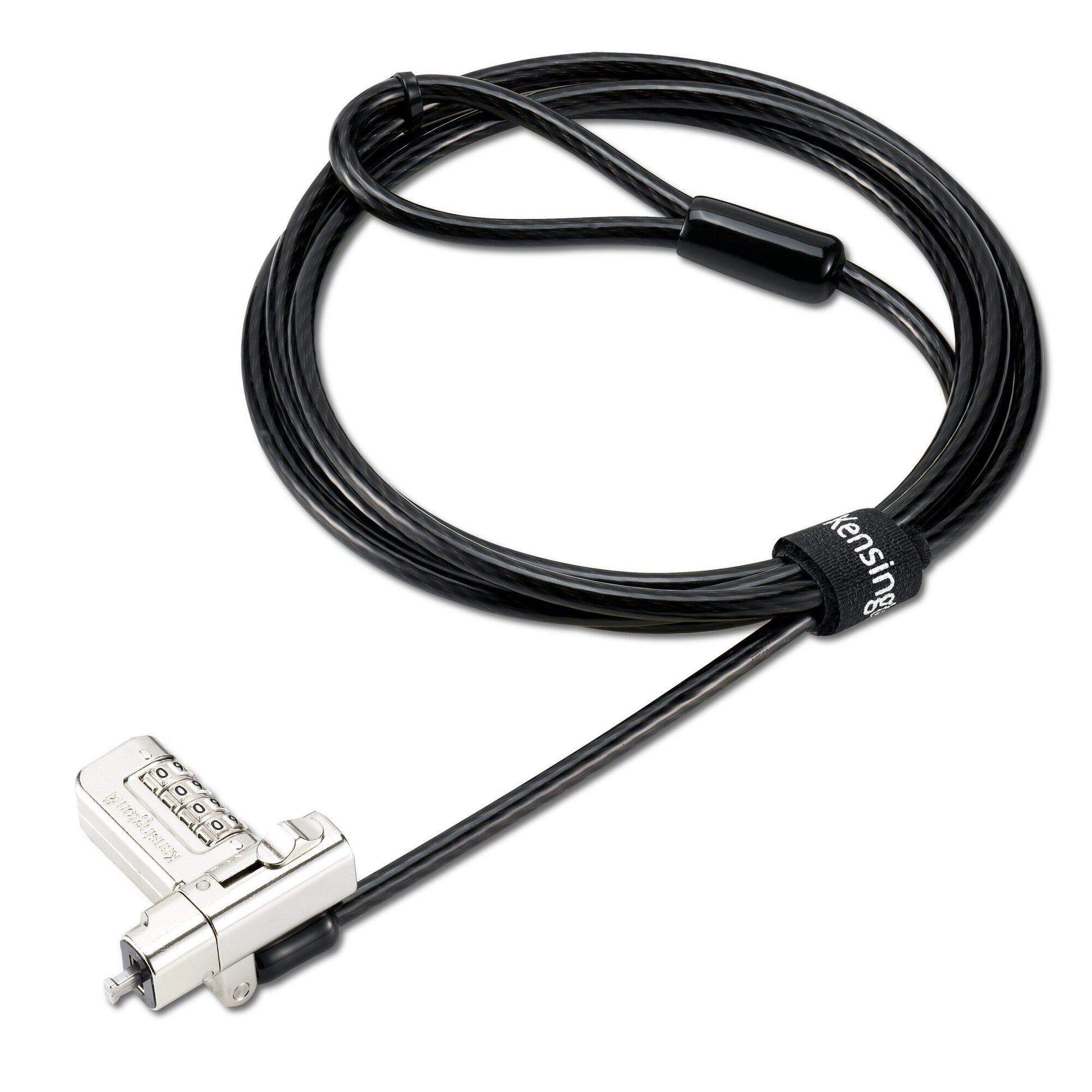 Kensington Universal 3-in-1 2.0 serialised combination laptop lock in black, shown on white with the dial lock head and coiled carbon steel cable