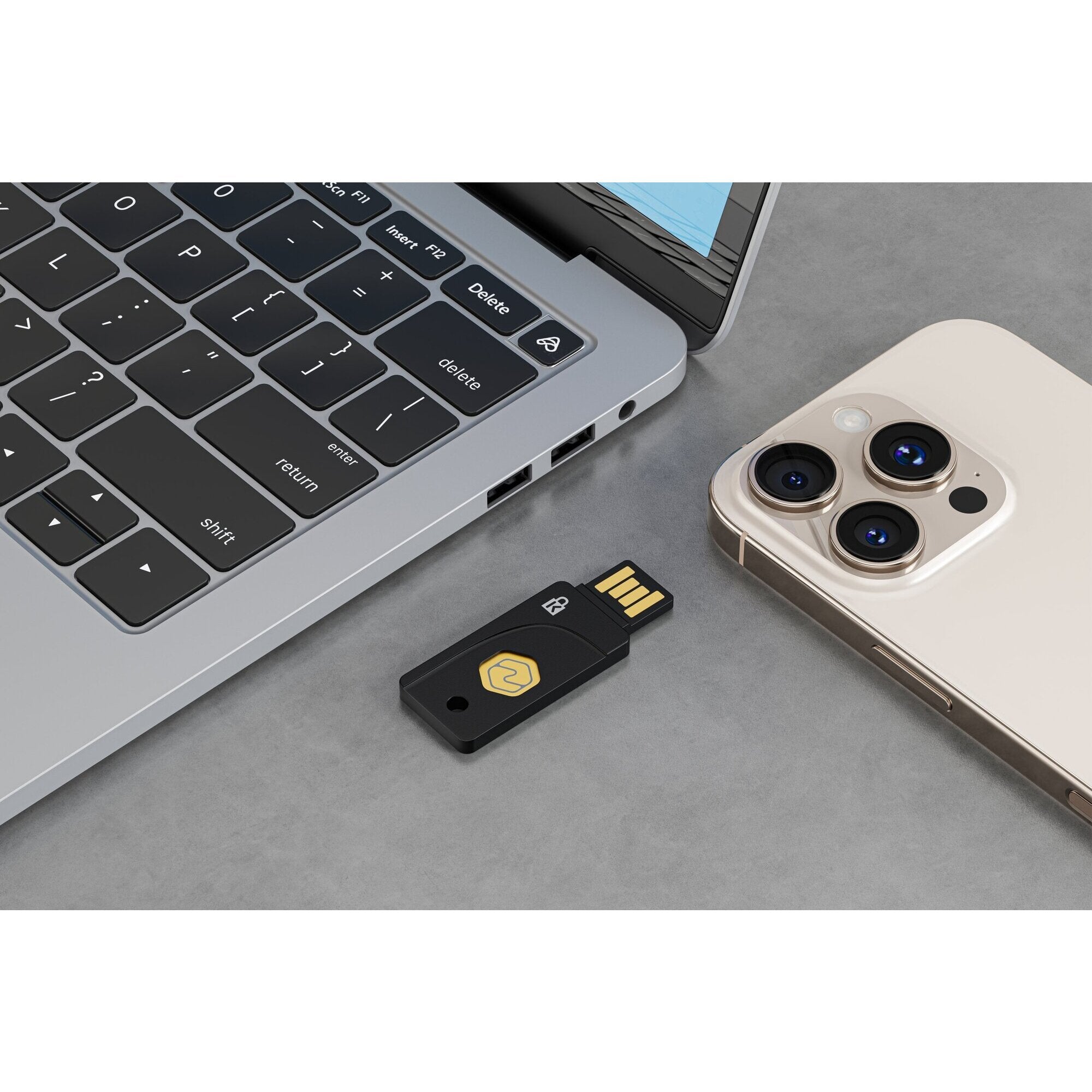 Detail of the Kensington VeriMark NFC Plus security key housing showing the moulded seam and IP68 rated weather resistant construction