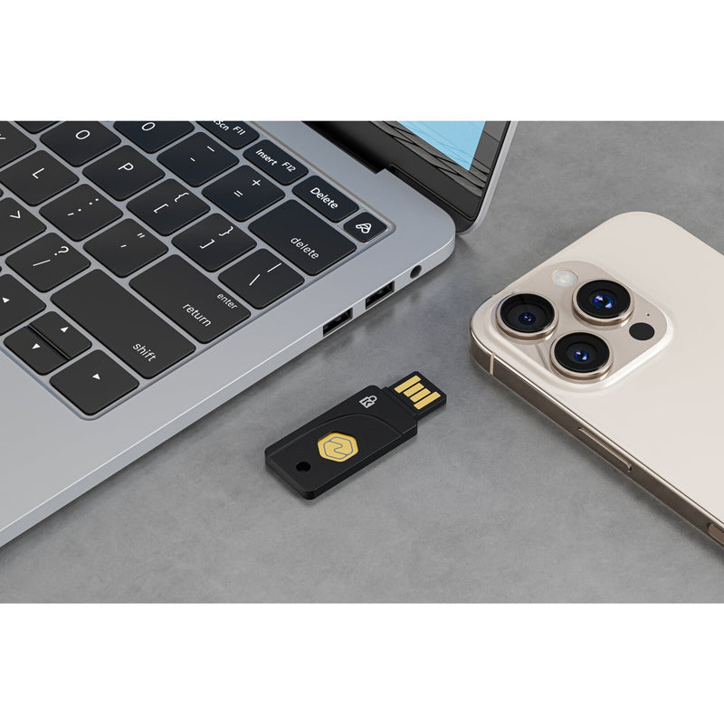 Detail of the Kensington VeriMark NFC Plus security key housing showing the moulded seam and IP68 rated weather resistant construction