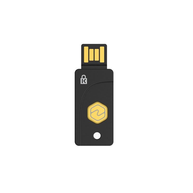 Close view of the Kensington VeriMark NFC Plus security key showing the exposed USB-A connector and the keyring loop at the opposite end