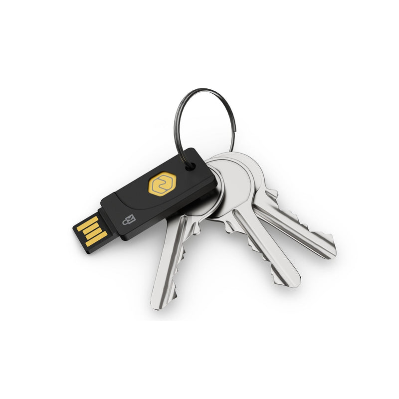 Angled product view of the black VeriMark NFC Plus USB-A security key showing the slim moulded housing and branding on the body