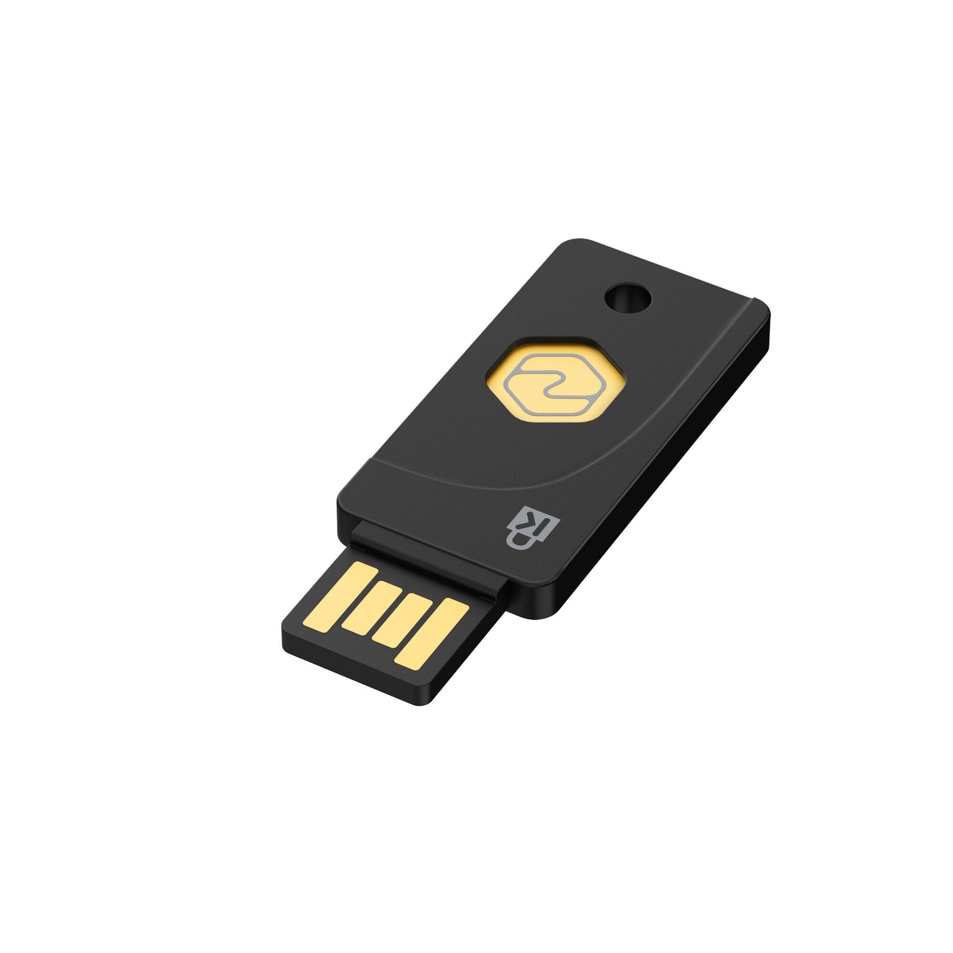 Side profile of the Kensington VeriMark NFC Plus security key on white, showing how thin the token is relative to its USB-A connector