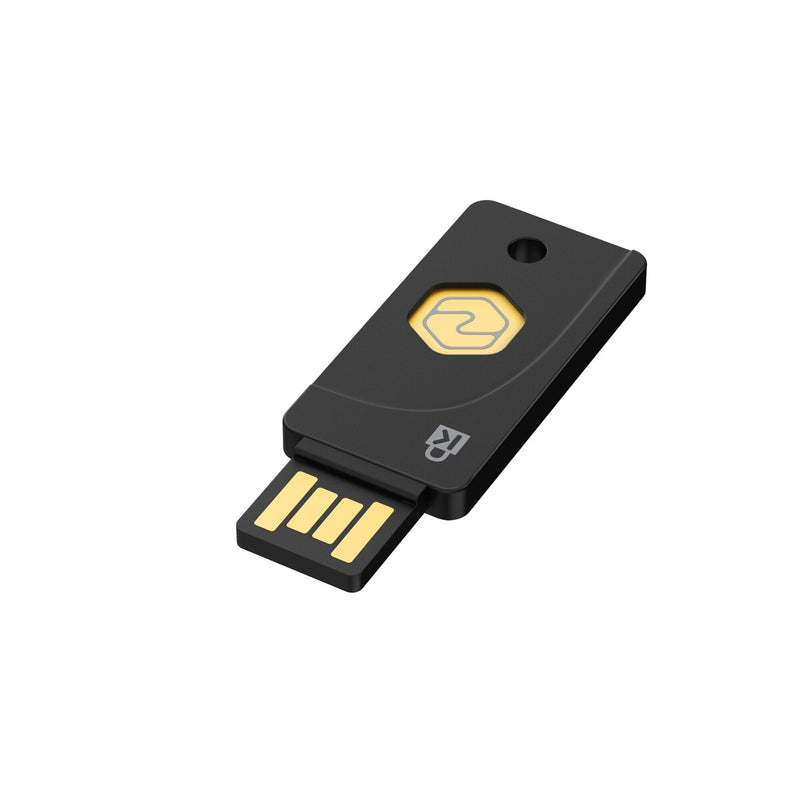 Side profile of the Kensington VeriMark NFC Plus security key on white, showing how thin the token is relative to its USB-A connector