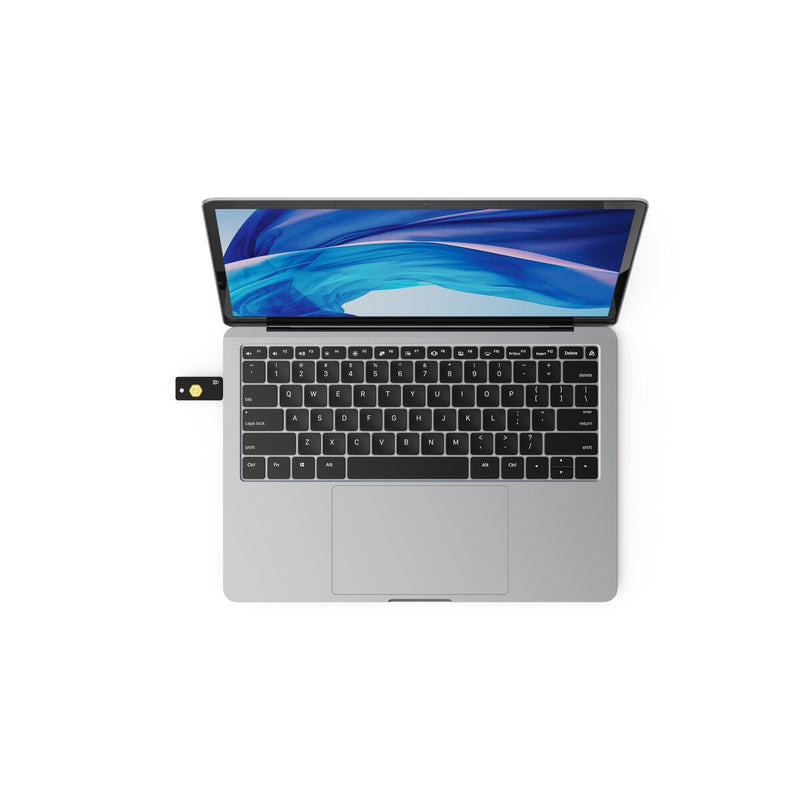 Reverse view of the black Kensington VeriMark NFC Plus USB-A security key showing the rear face of the housing against a white background