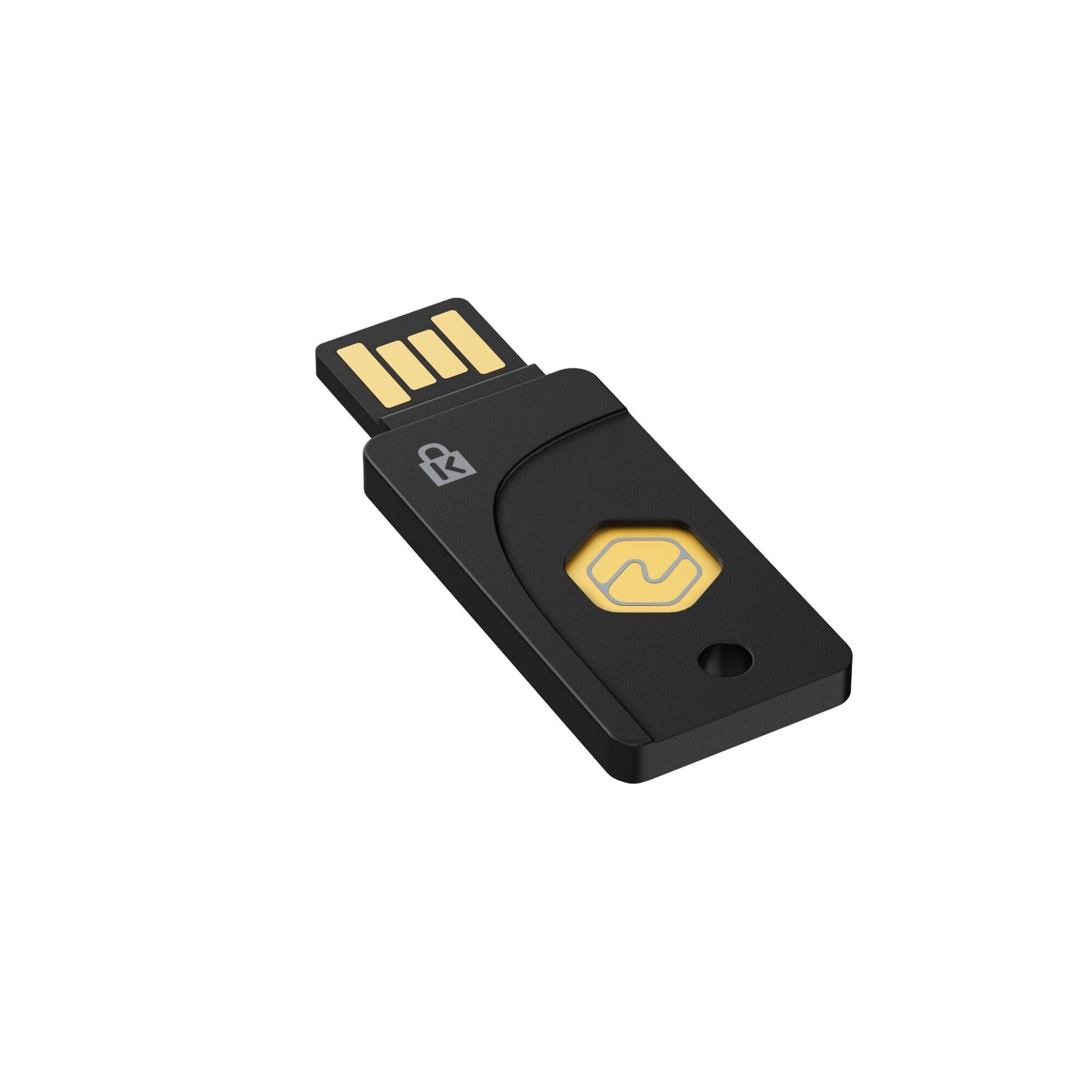 Kensington VeriMark NFC Plus USB-A security key shown on a white background, a slim black keychain sized token with the USB-A connector visible