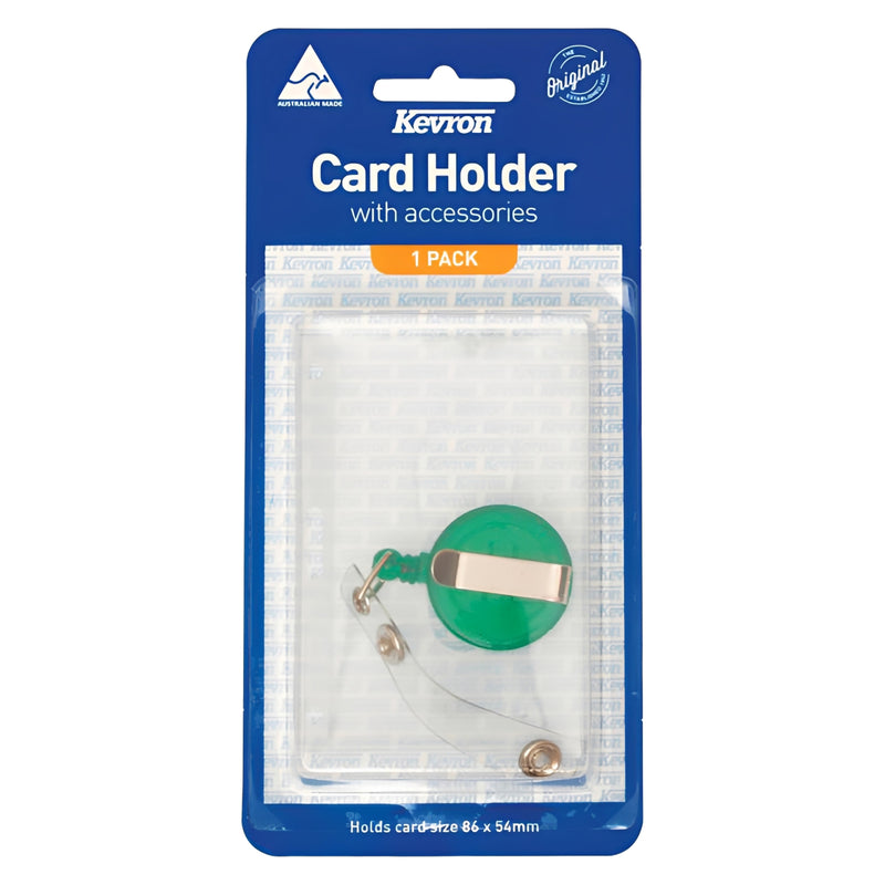 Retail packaging of the Kevron ID1013 ID Card Holder with accessories. The blister pack displays the clear card holder together with the green retractable reel and clip, ready for convenient workplace identification.