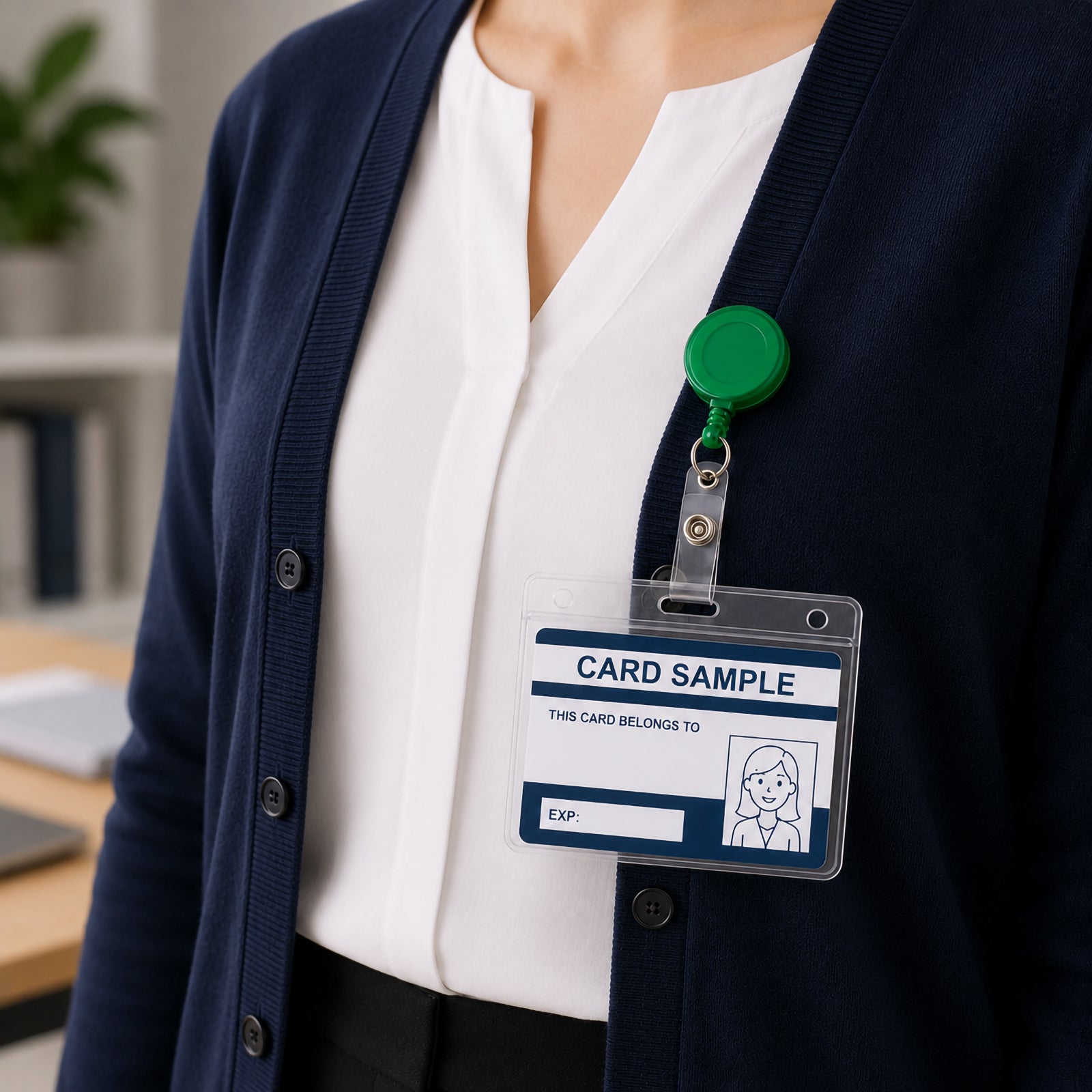 A professional wearing a navy cardigan displays a Kevron ID1013 clear ID card holder attached with a green retractable reel. The holder securely presents an employee identification card while remaining easily accessible for everyday workplace use.