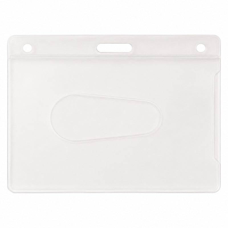 Studio product photograph of the Kevron ID1013 clear ID card holder against a white background. The transparent holder shows its protective design, standard card opening and smooth rounded edges for professional daily use.