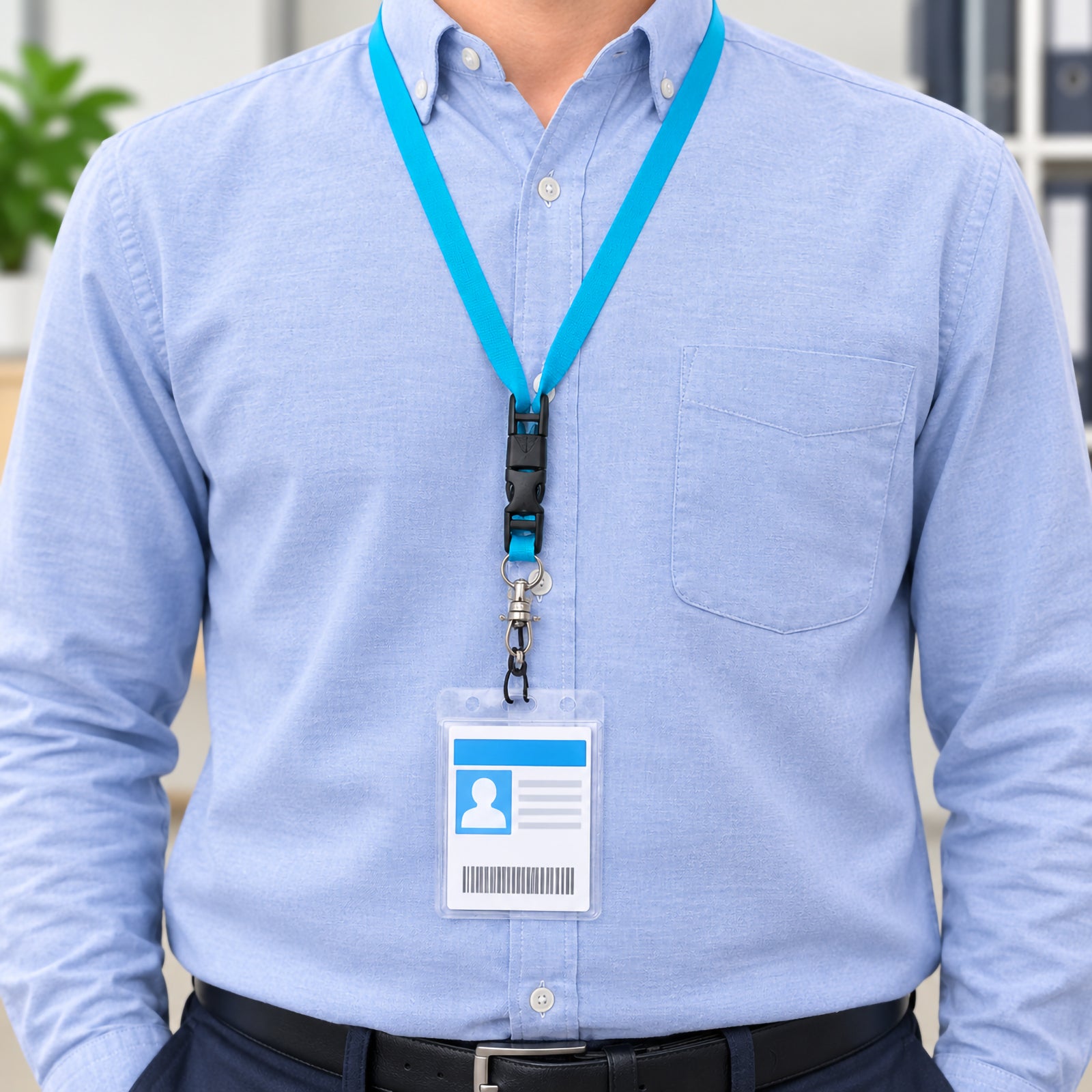 A professional office worker wearing the Kevron ID1047 blue multi use lanyard with an identification badge attached. The bright blue lanyard sits comfortably around the neck, demonstrating everyday workplace use in a modern office environment while showcasing the secure clasp and practical design.