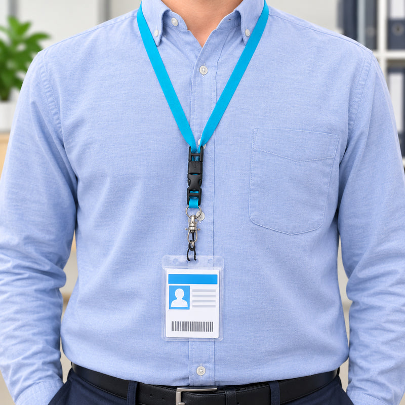 A professional office worker wearing the Kevron ID1047 blue multi use lanyard with an identification badge attached. The bright blue lanyard sits comfortably around the neck, demonstrating everyday workplace use in a modern office environment while showcasing the secure clasp and practical design.