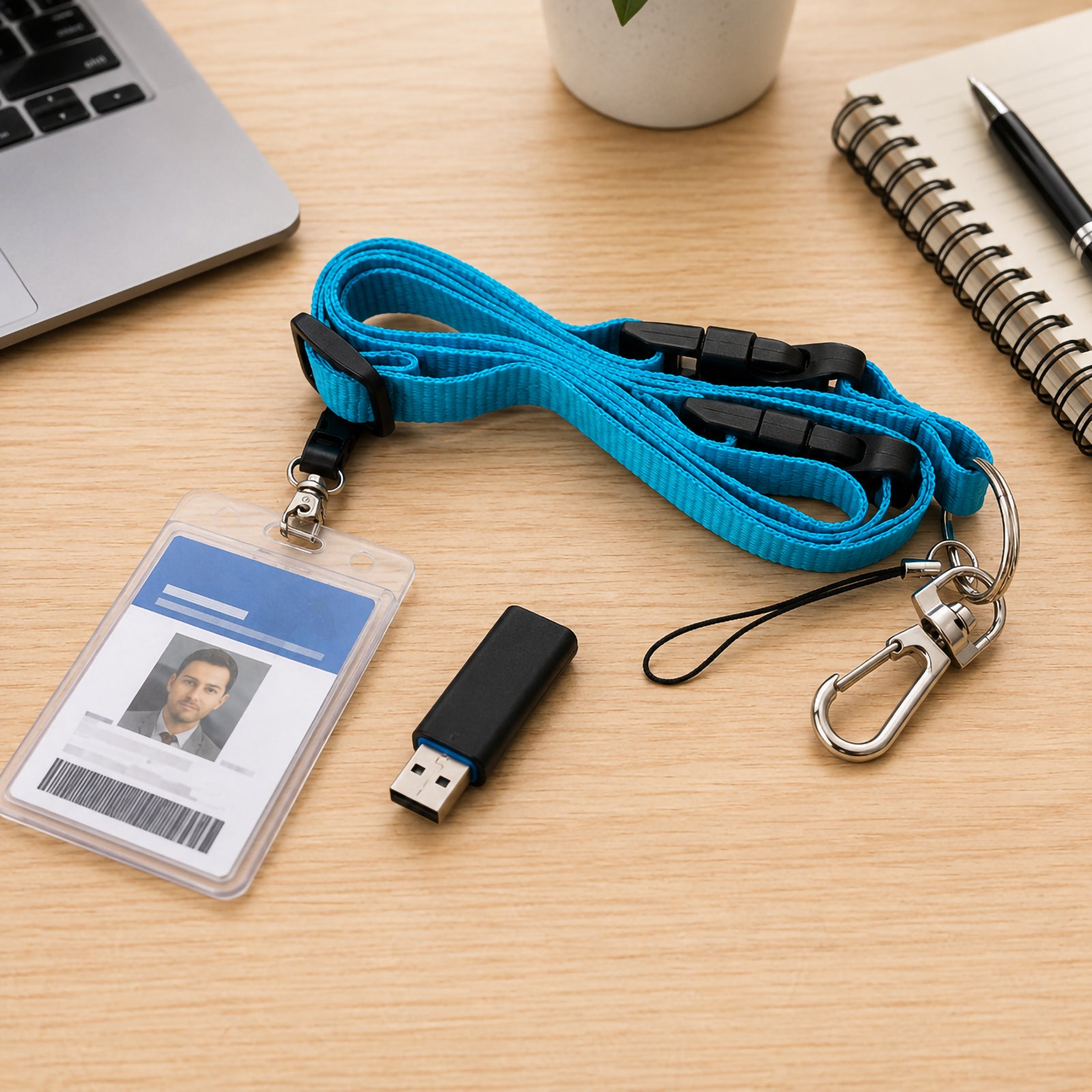The Kevron ID1047 blue multi use lanyard displayed on an office desk alongside an identification card holder, USB flash drive, notebook and laptop. This lifestyle image demonstrates how the lanyard keeps workplace essentials organised, accessible and ready for daily use.