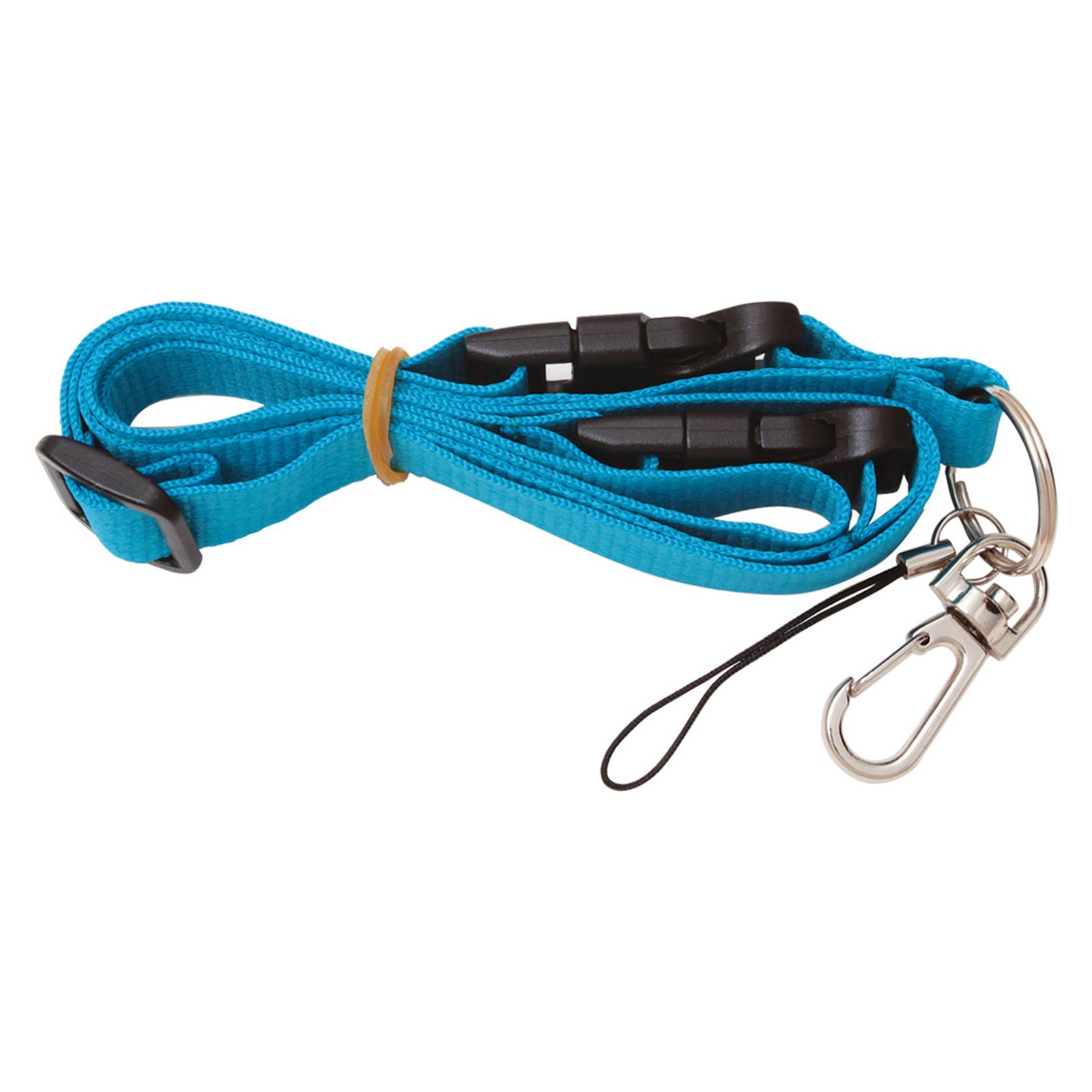 Studio product photograph of a single Kevron ID1047 blue multi use lanyard against a clean white background. The image clearly shows the woven strap, adjustable fitting, safety breakaway buckle, swivel hook and accessory loop for accurate product identification.