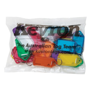 Kevron printed bag of ID30 giant key tags in mixed colours including green, orange, yellow, blue and red, with The Australian Tag Team and kevrontags.com printed on the film