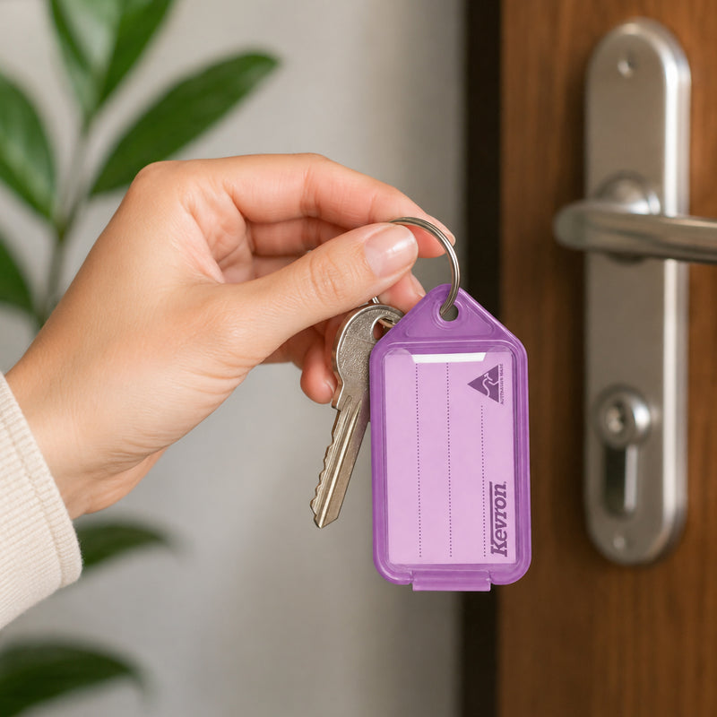 A person holds a set of keys fitted with a Kevron ID30 Giant Key Tag in lilac while unlocking a modern door. The oversized tag is clearly visible, demonstrating its practical use for quick home or office key identification and its easy to grip design.