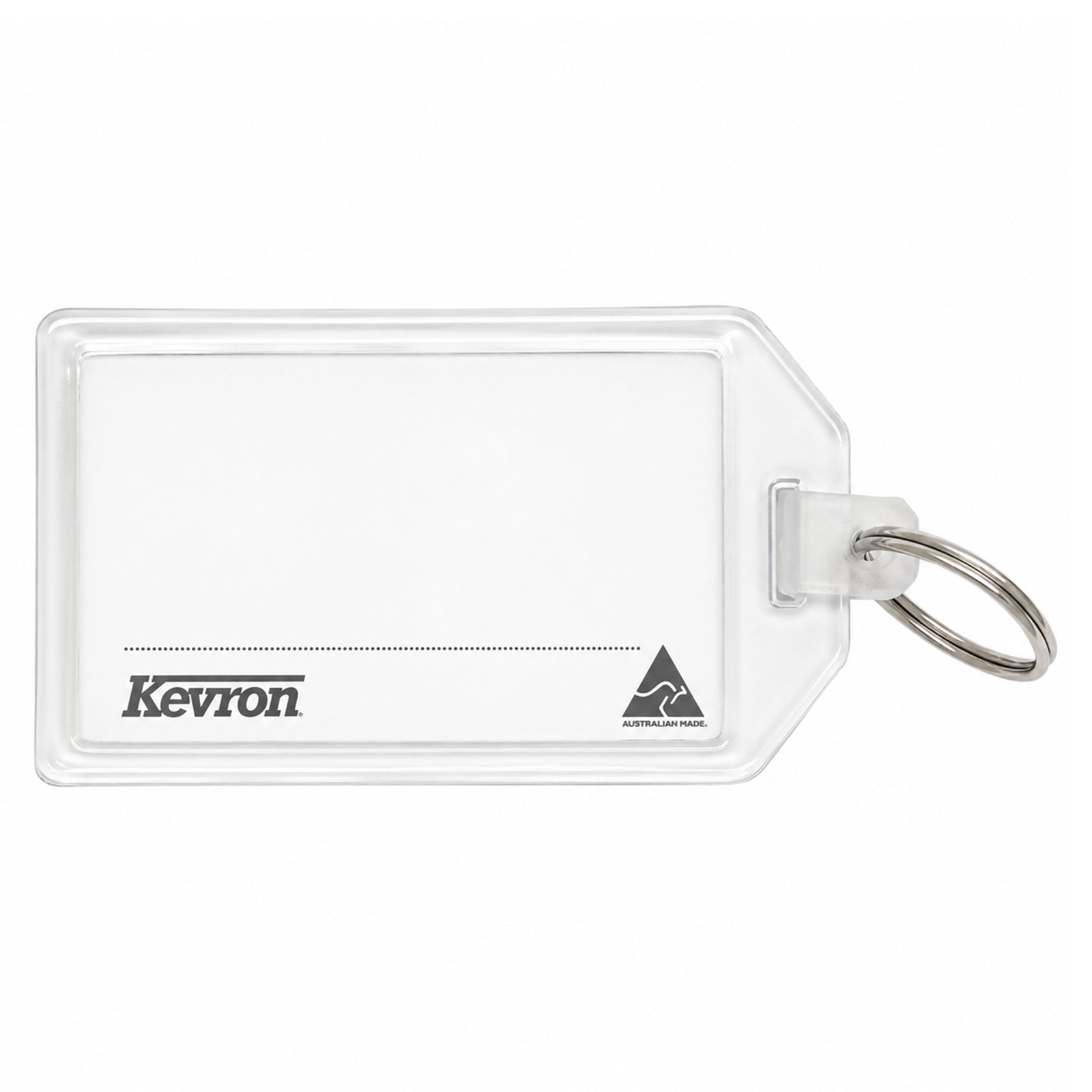 Studio product image of the Kevron ID34 Executive Hotel Tag on a white background. The clear plastic construction, large identification window, integrated attachment point and metal key ring are clearly visible for accurate product presentation.